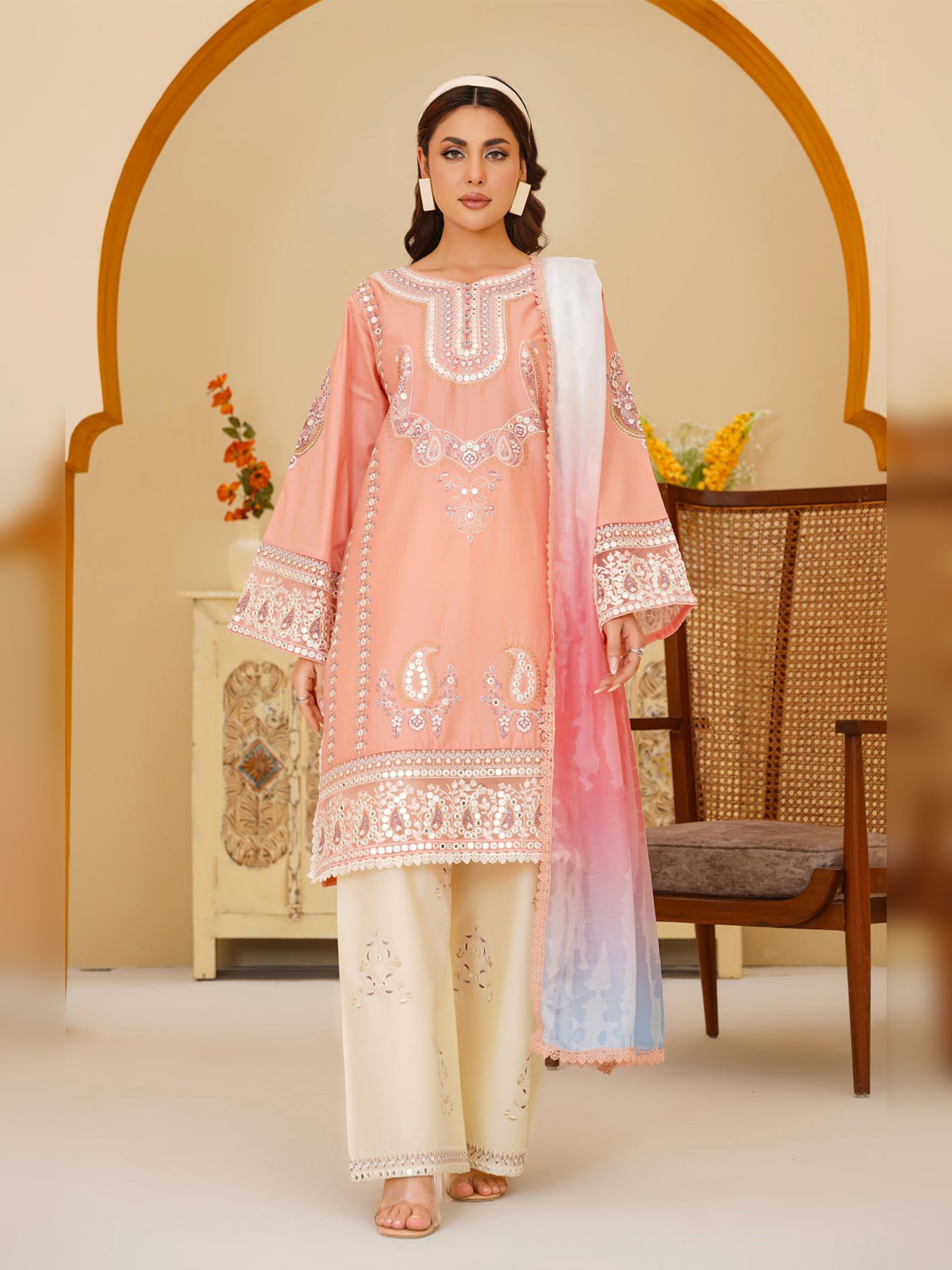 Peach Embroidered Cotton-Lawn 3-Piece Suit (MD06-A)