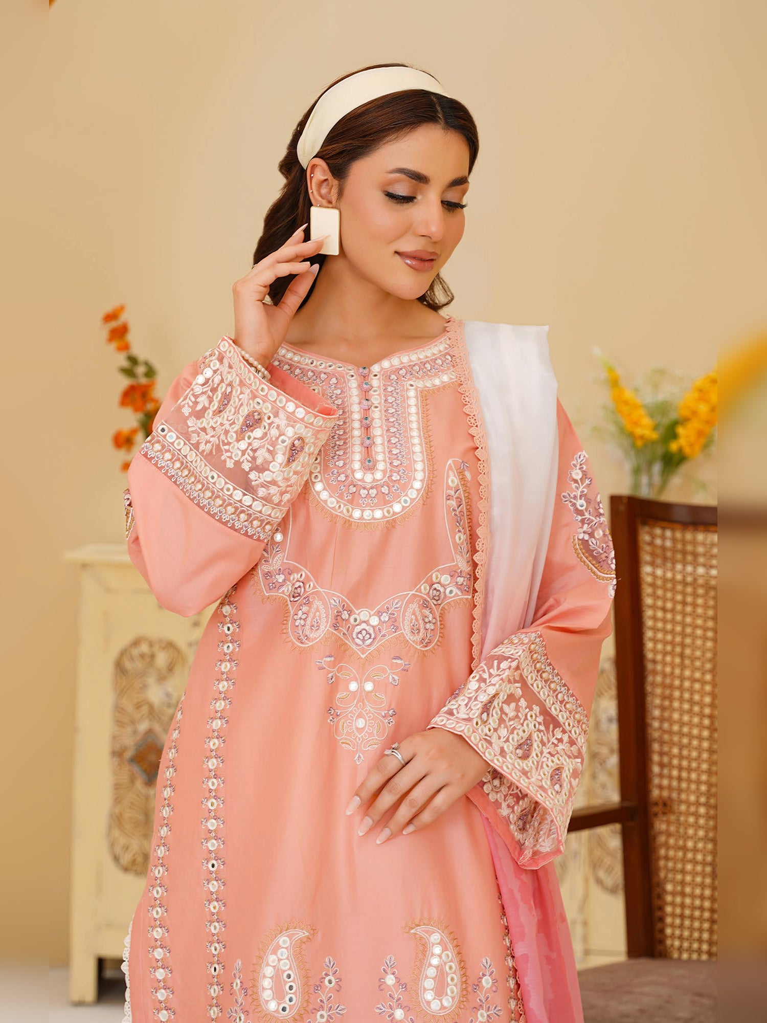 Peach Embroidered Cotton-Lawn 3-Piece Suit (MD06-A)