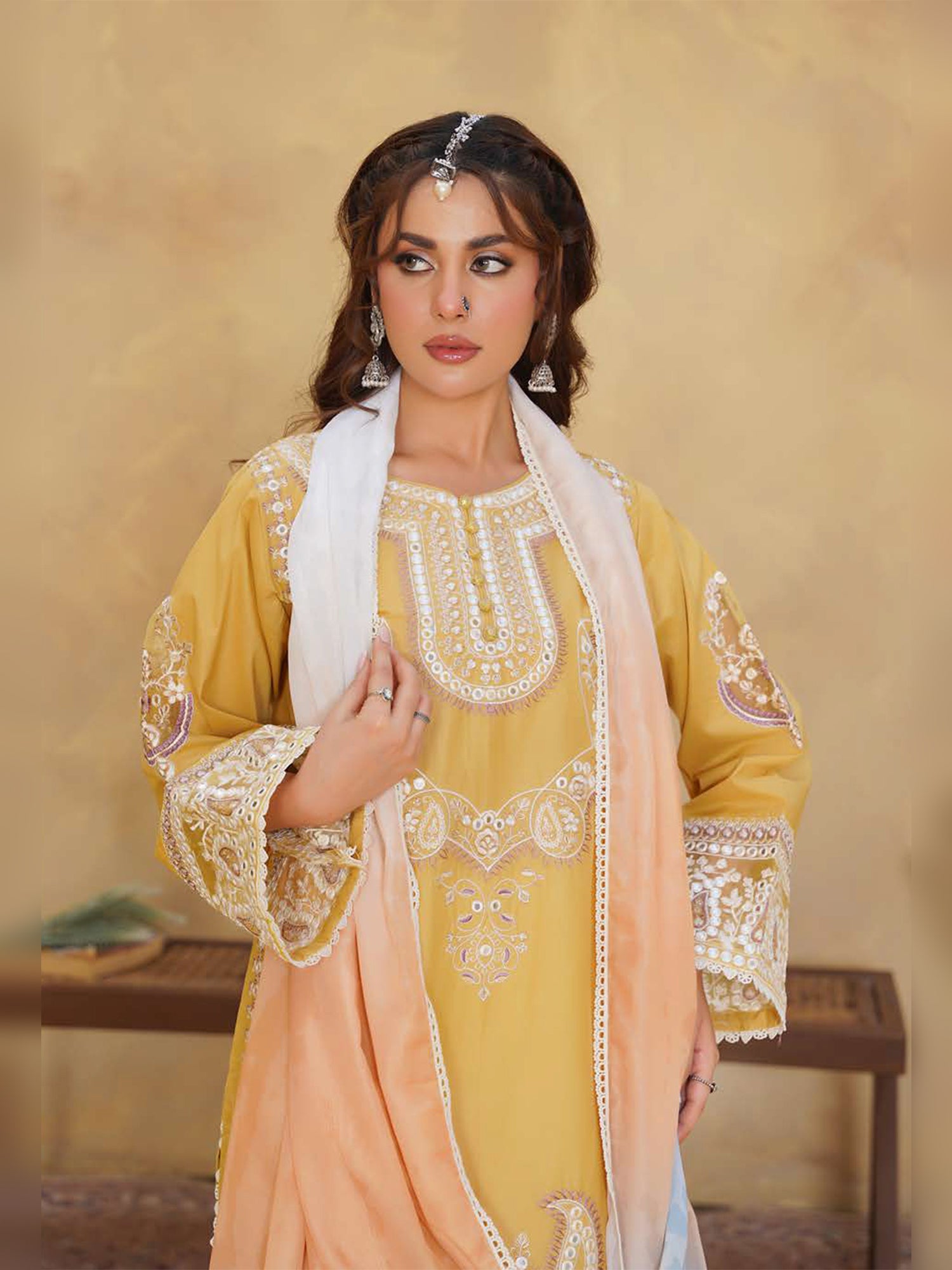 Yellow Embroidered Cotton-Lawn 3-Piece Suit (MD06-B)