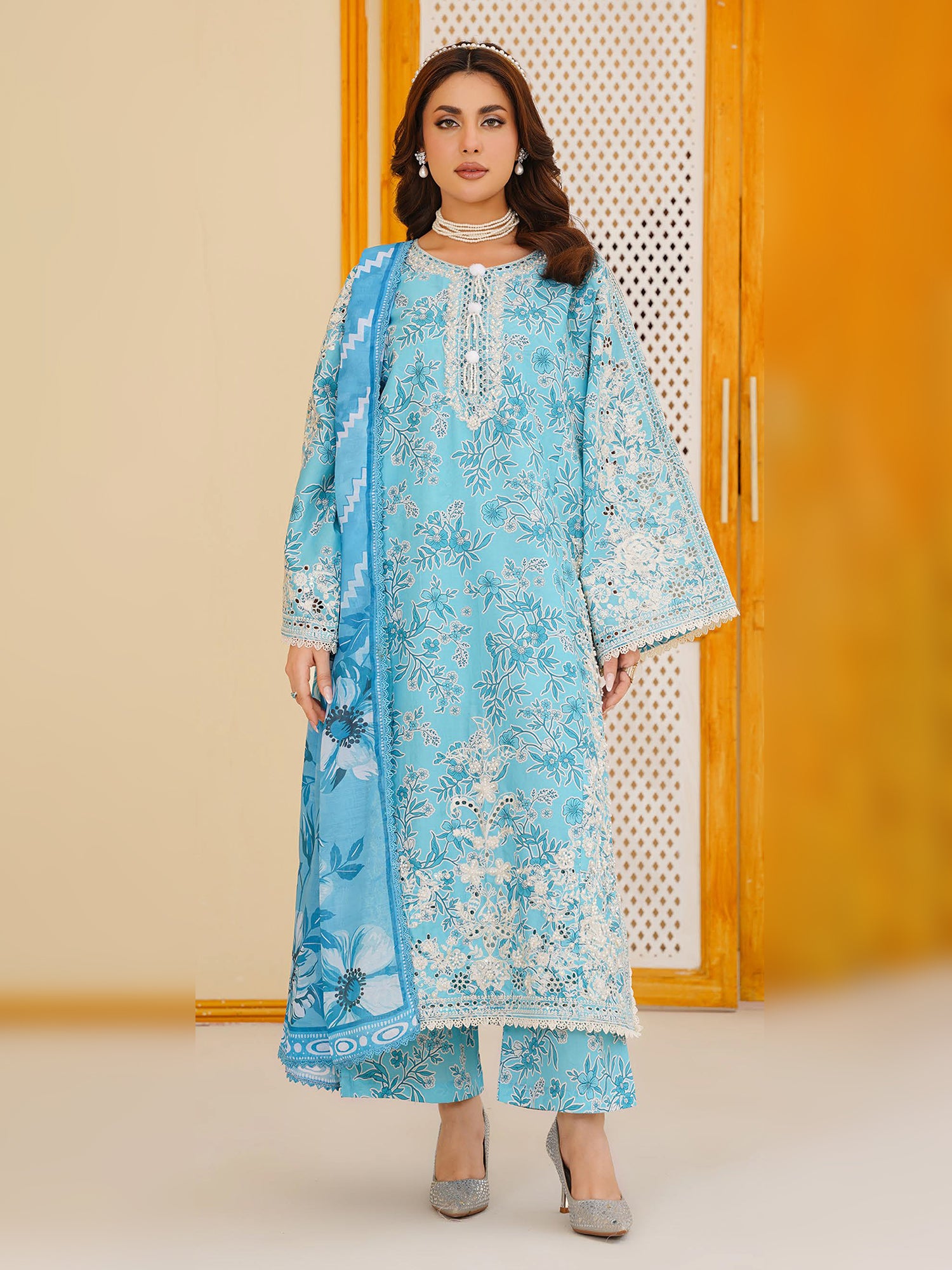 Turquoise Embroidered Cotton-Lawn 3-Piece Suit (MD07-A)