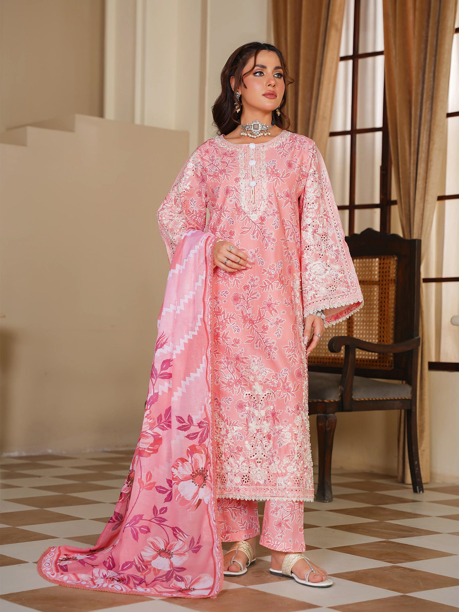 Pink Embroidered Cotton-Lawn 3-Piece Suit (MD07-B)