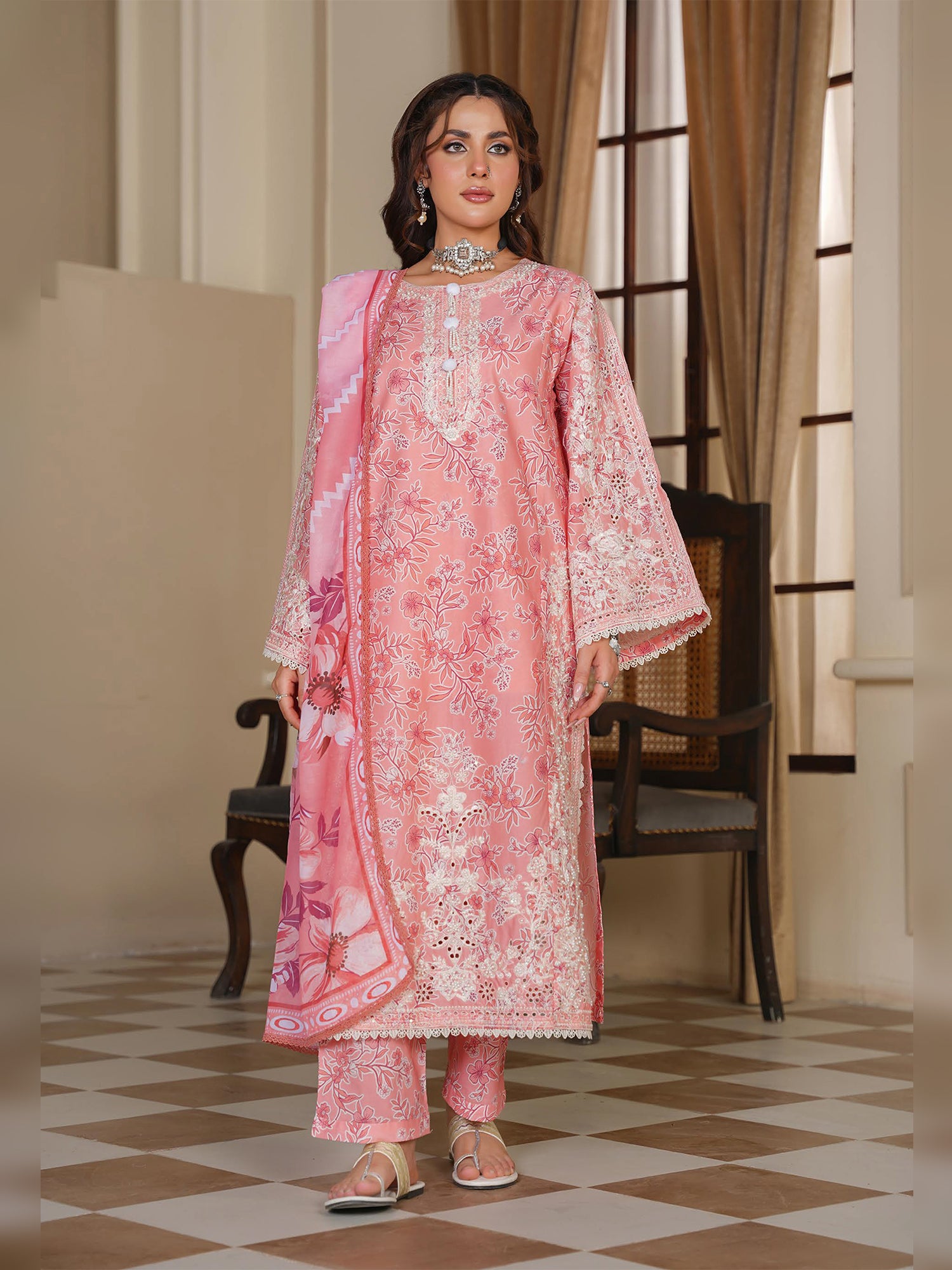 Pink Embroidered Cotton-Lawn 3-Piece Suit (MD07-B)