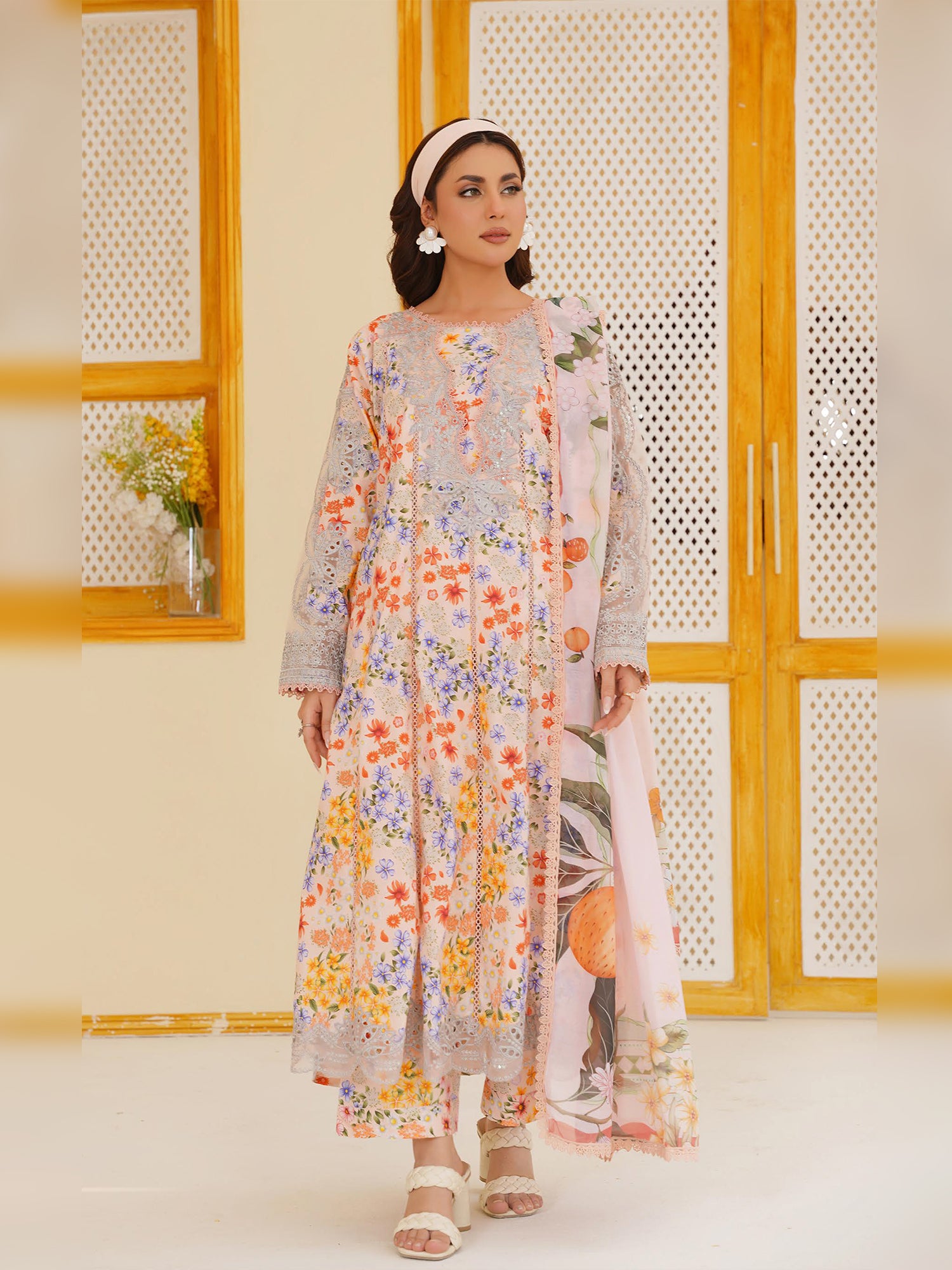 Peach Floral Embroidered Cotton-Lawn 3-Piece Frock Suit (MD08-A)