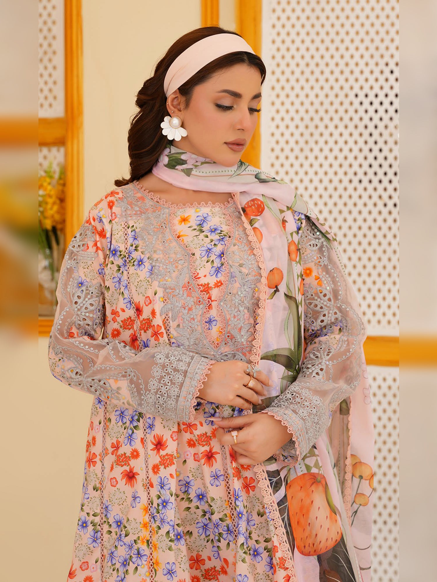 Peach Floral Embroidered Cotton-Lawn 3-Piece Frock Suit (MD08-A)