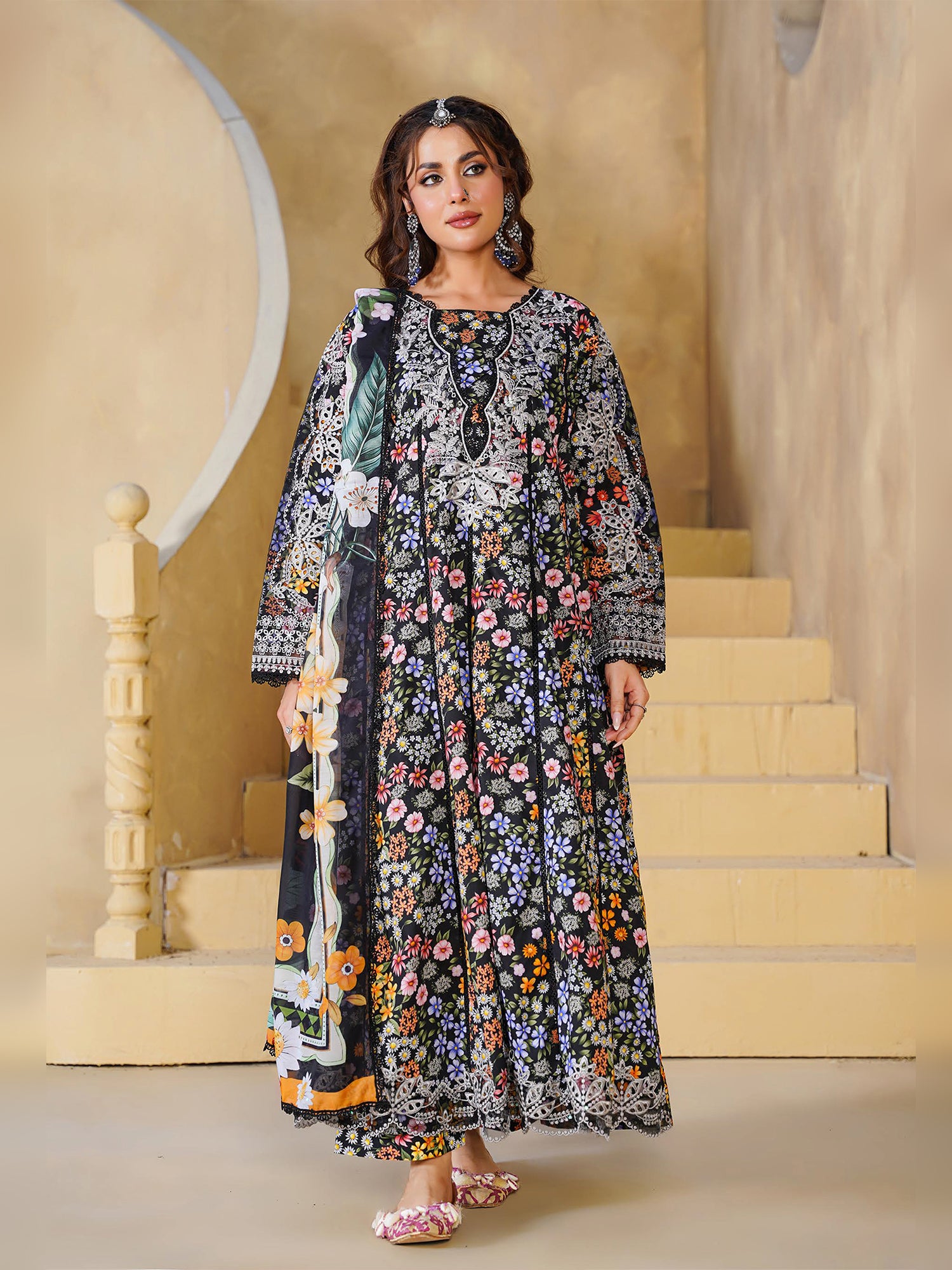 Black Floral Embroidered Cotton-Lawn 3-Piece Frock Suit (MD08-B)