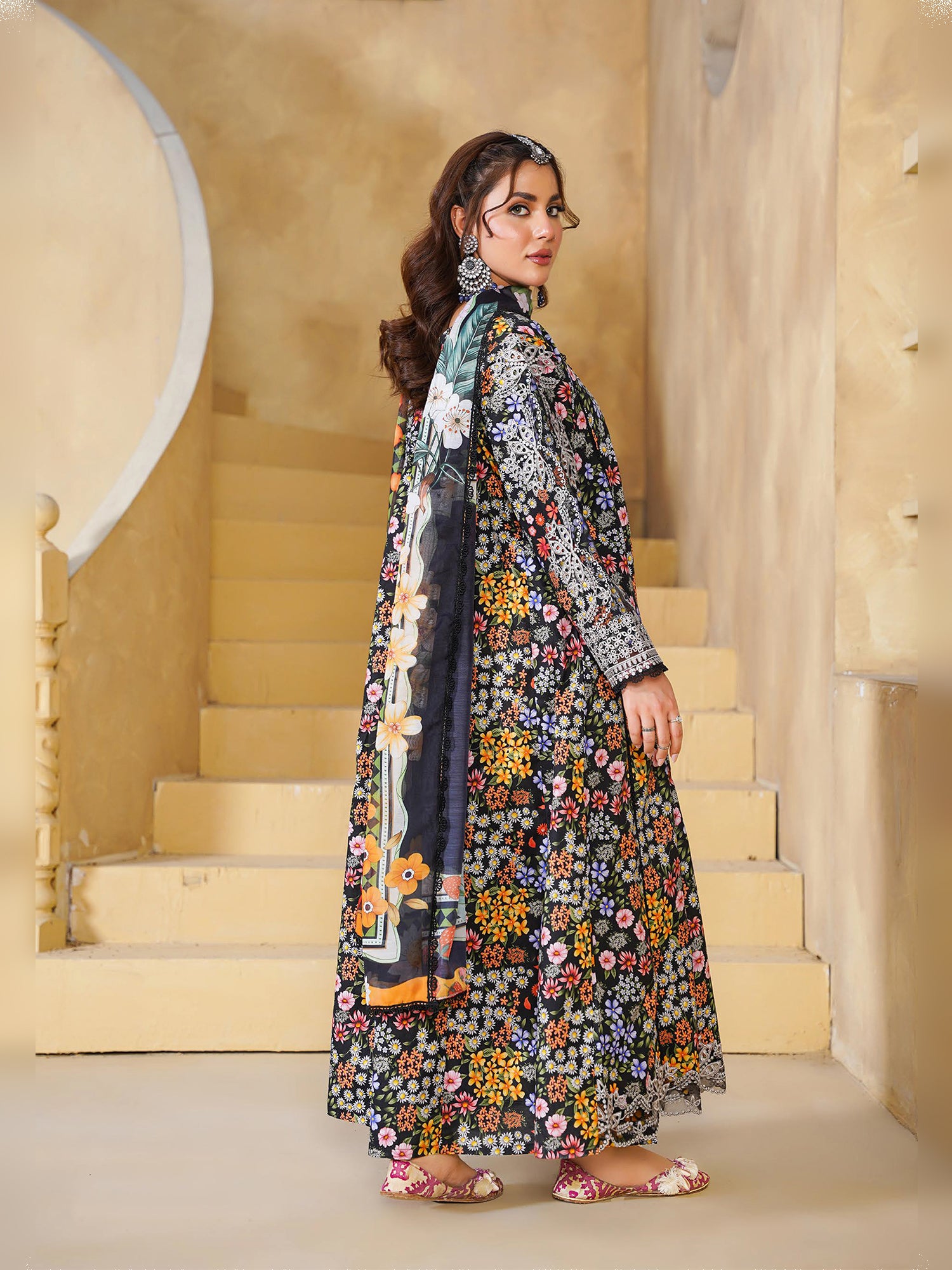 Black Floral Embroidered Cotton-Lawn 3-Piece Frock Suit (MD08-B)