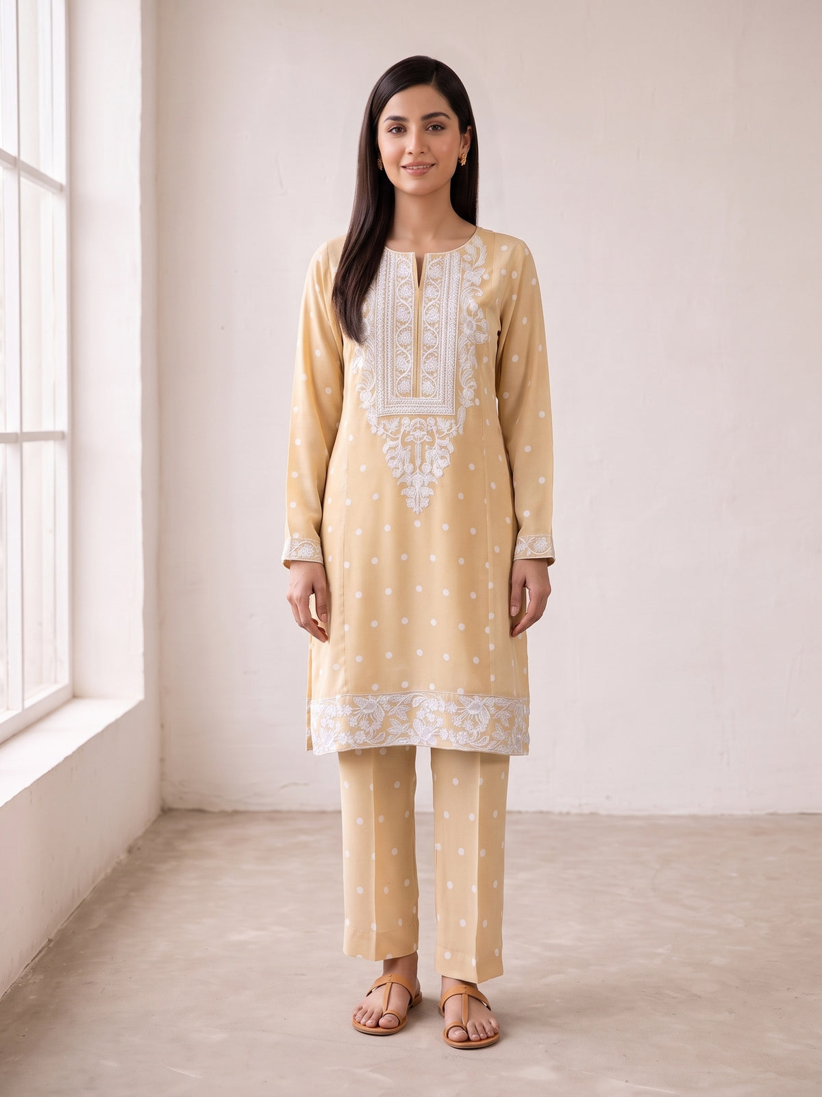 Cream embroidered winter georgette casual 2-piece suit - front view