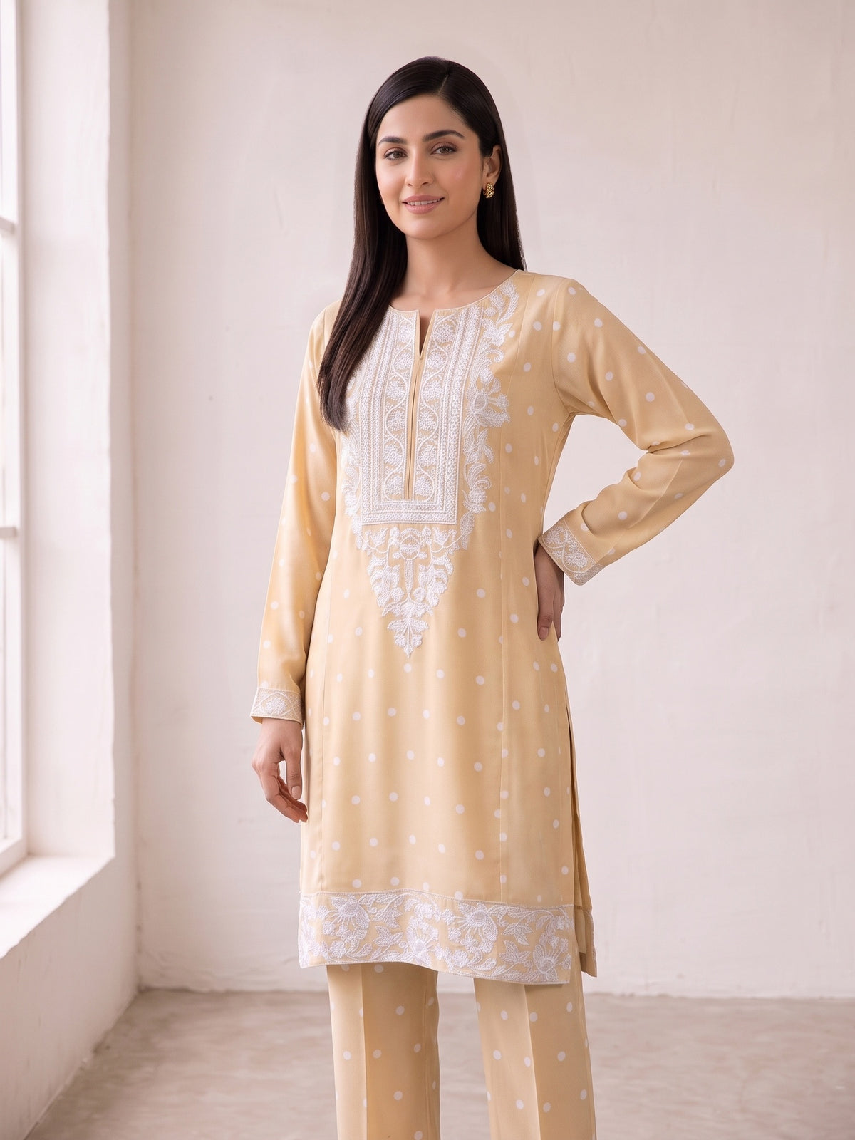 Cream polka dot georgette suit with white embroidered yoke and hem
