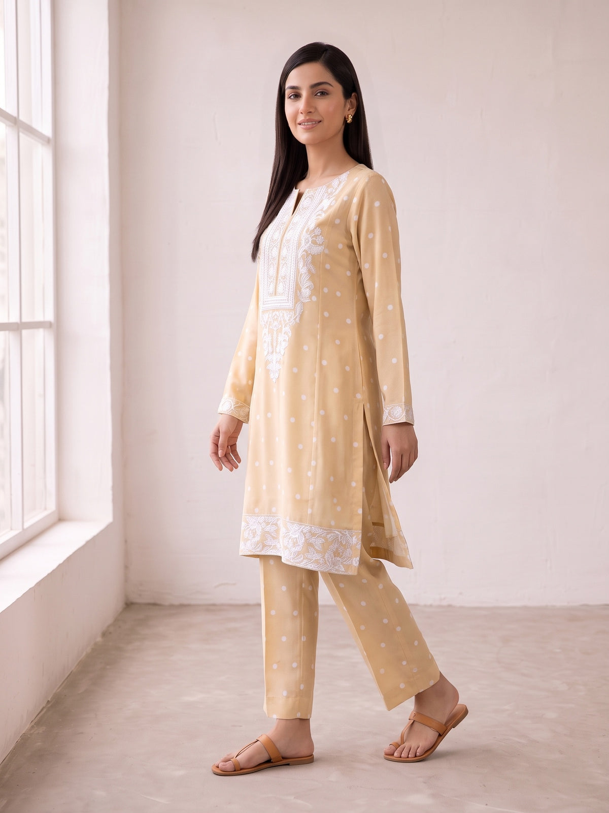 Cream embroidered georgette suit - three-quarter view