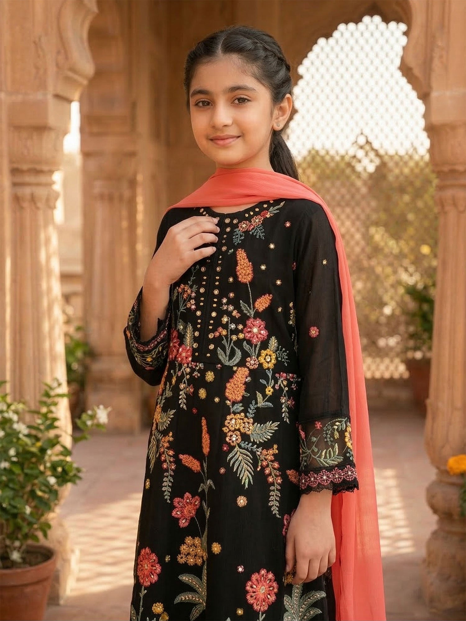 Kids Embroidered Chiffon Long Frock 3-Piece Suit - Black