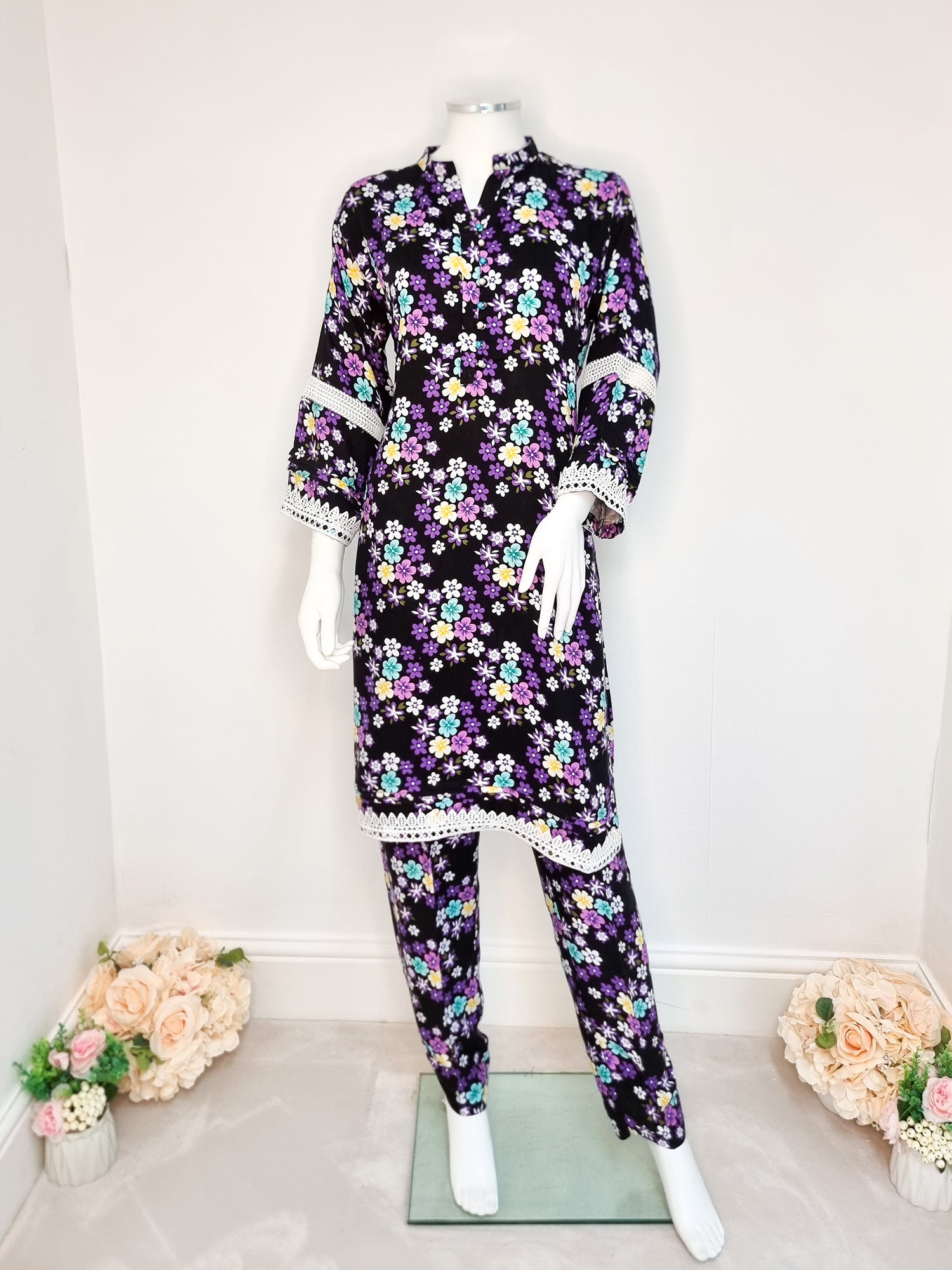 Black Floral Marina Printed Casual 2-Piece Suit