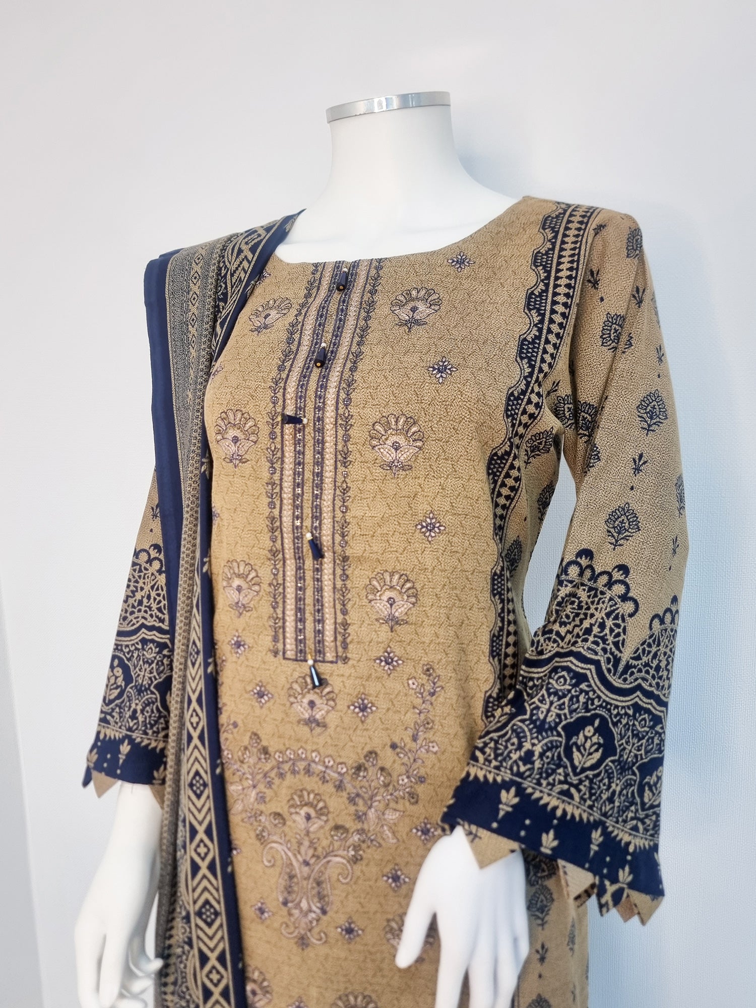 Brown & Navy Dhanak 3-Piece Suit with Shawl