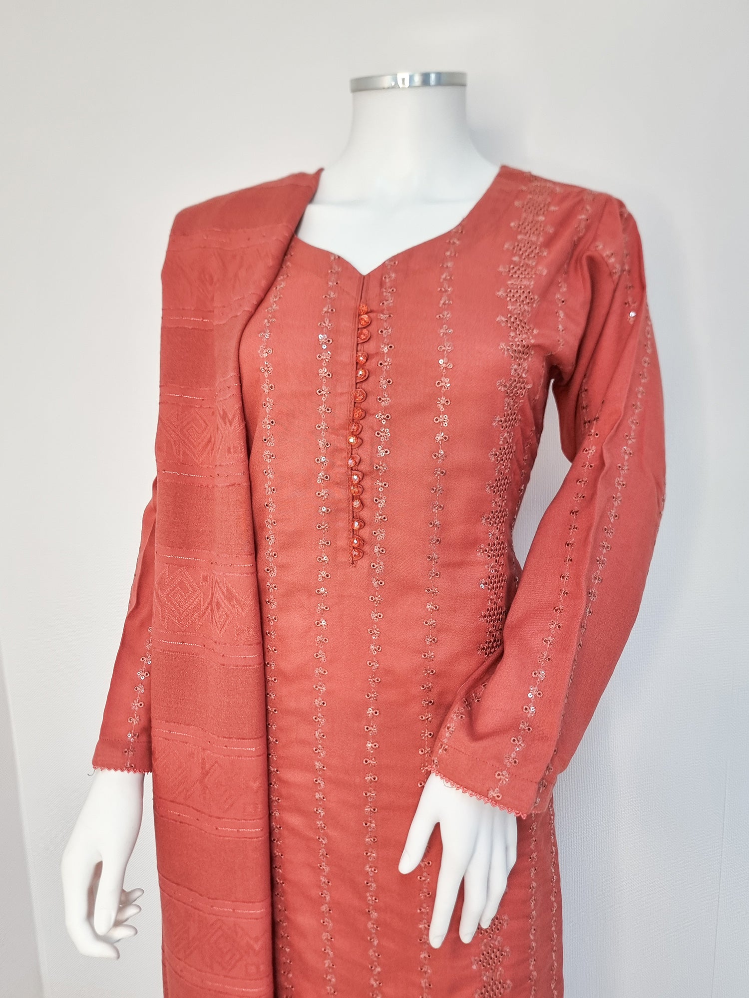 Coral Pink Schiffli Dhanak 3-Piece Suit with Shawl