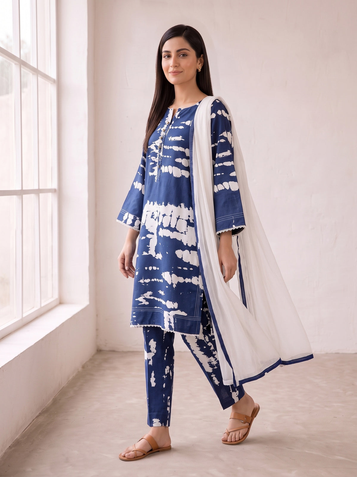 Blue and white linen suit - three-quarter view