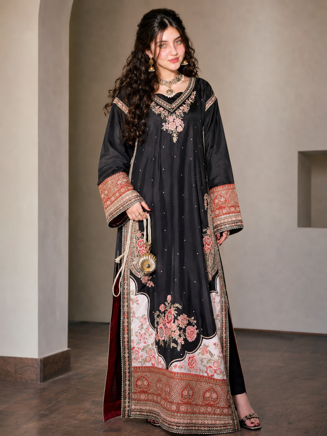 Black Floor-Length Embroidered Raw Silk Kaftan Suit