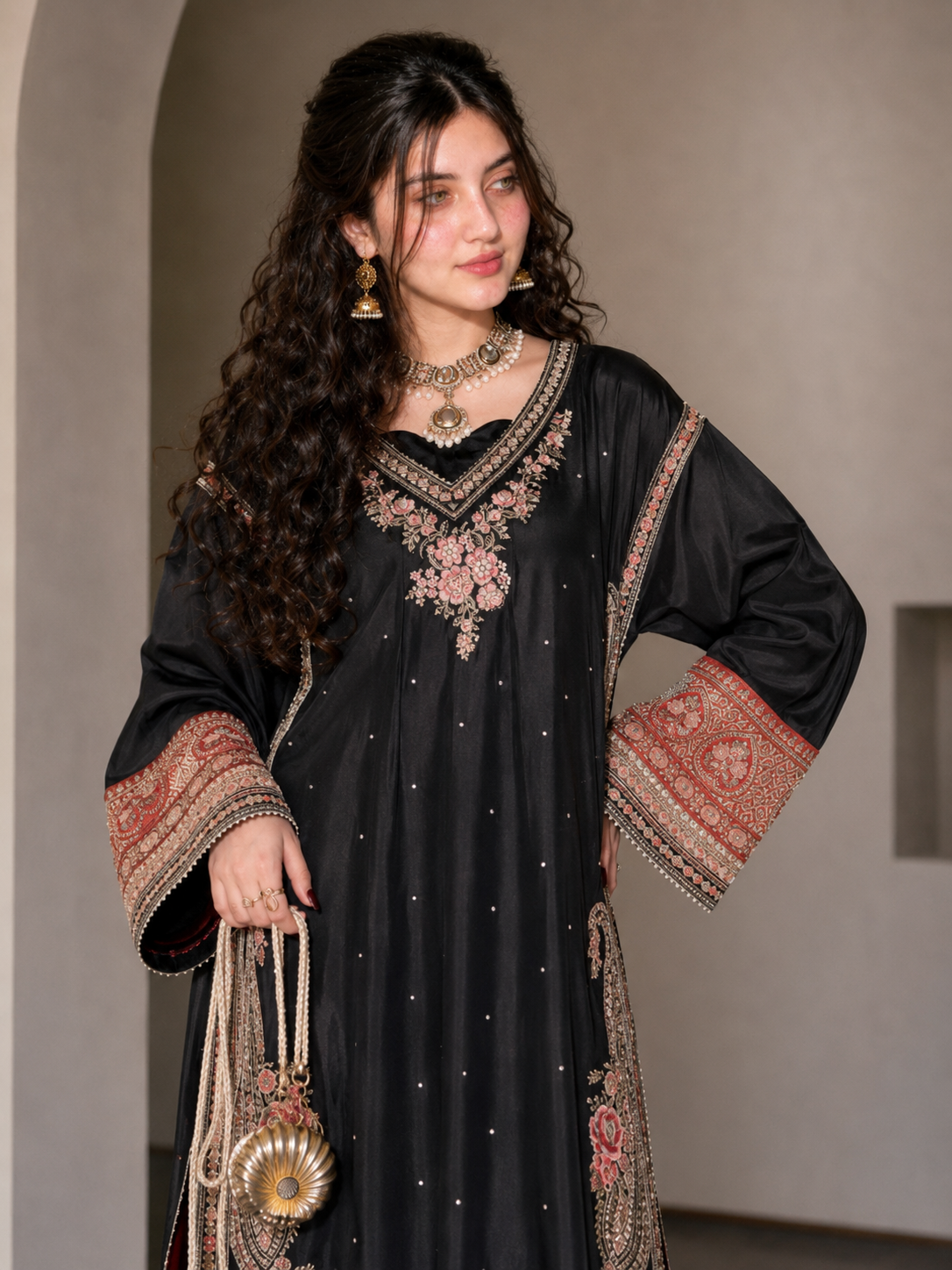 Black Floor-Length Embroidered Raw Silk Kaftan Suit