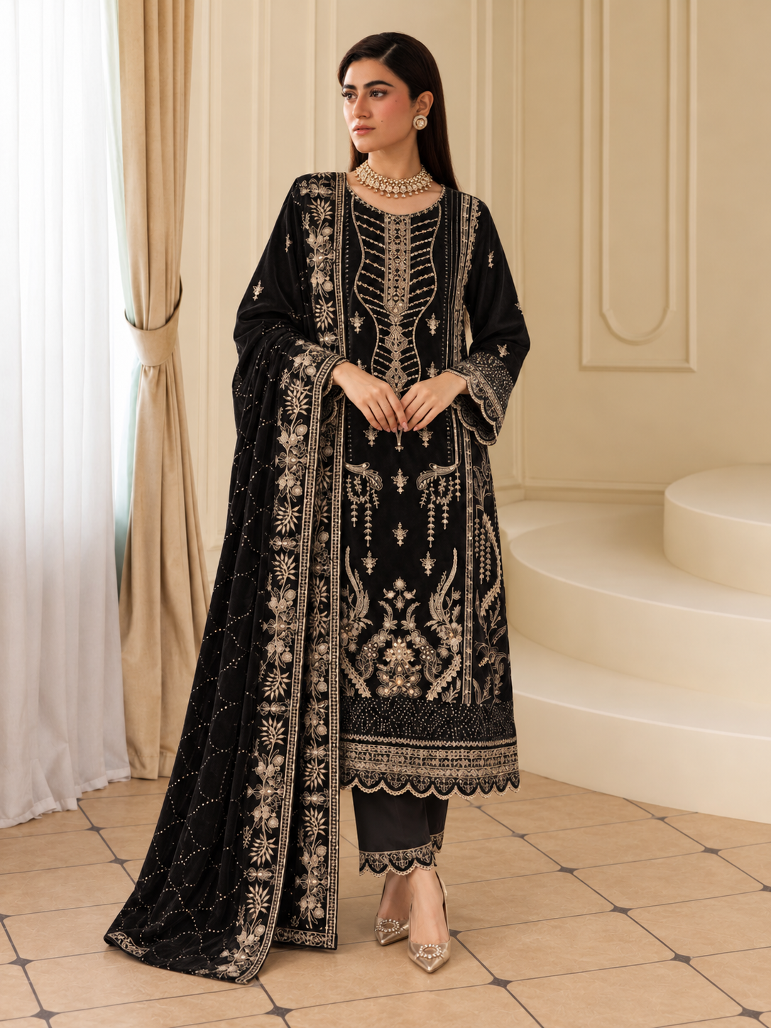 MOMINA Embroidered Velvet Lux 3-Piece Suit - Black