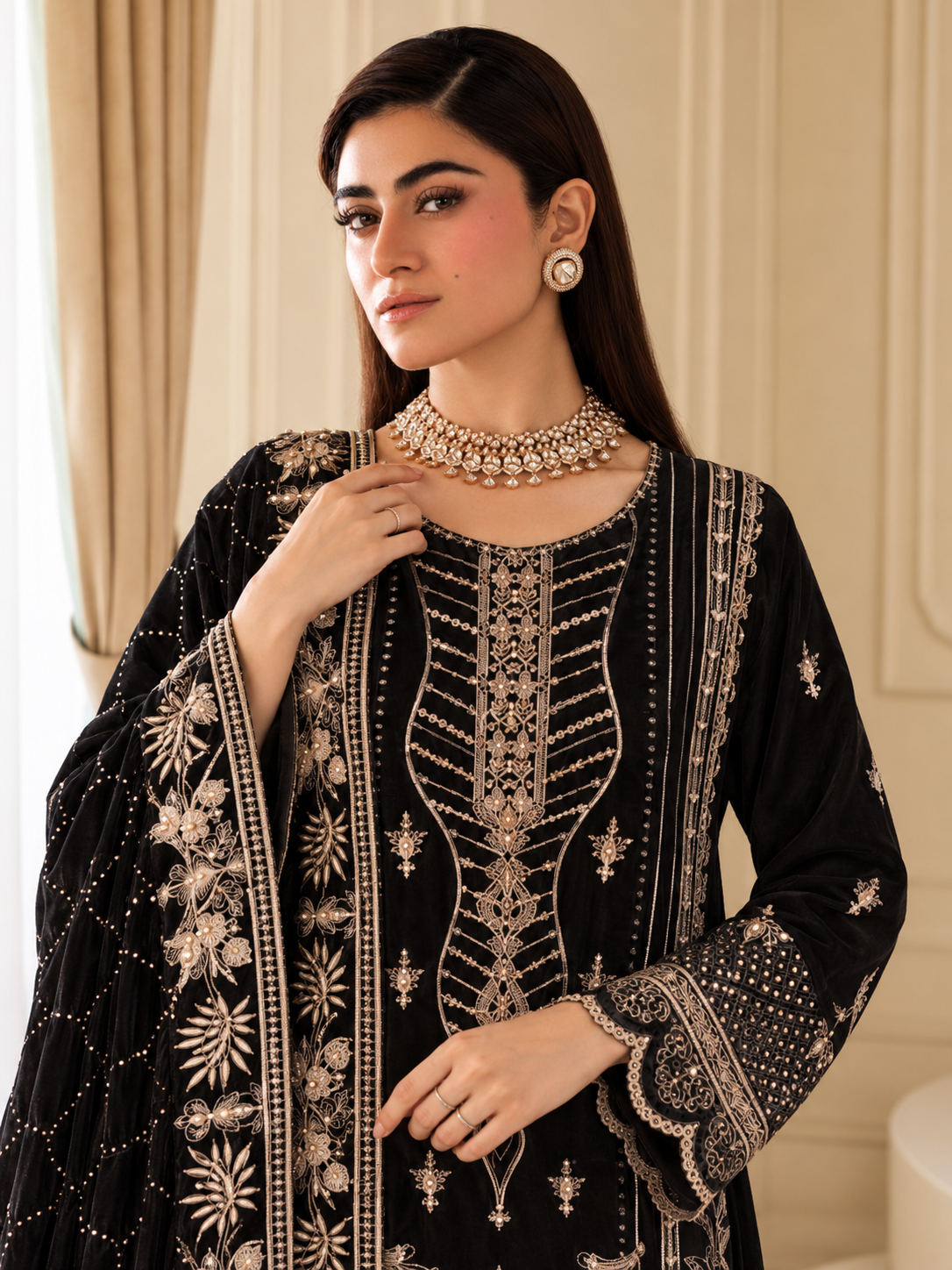 MOMINA Embroidered Velvet Lux 3-Piece Suit - Black