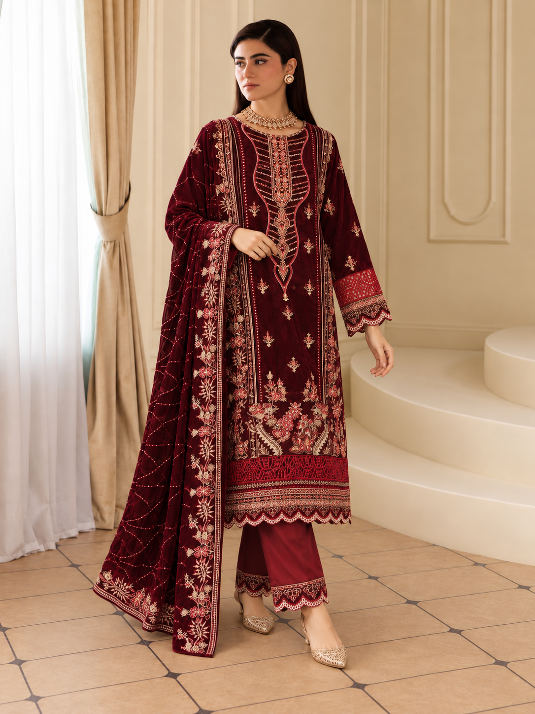 MOMINA Embroidered Velvet Lux 3-Piece Suit - Maroon