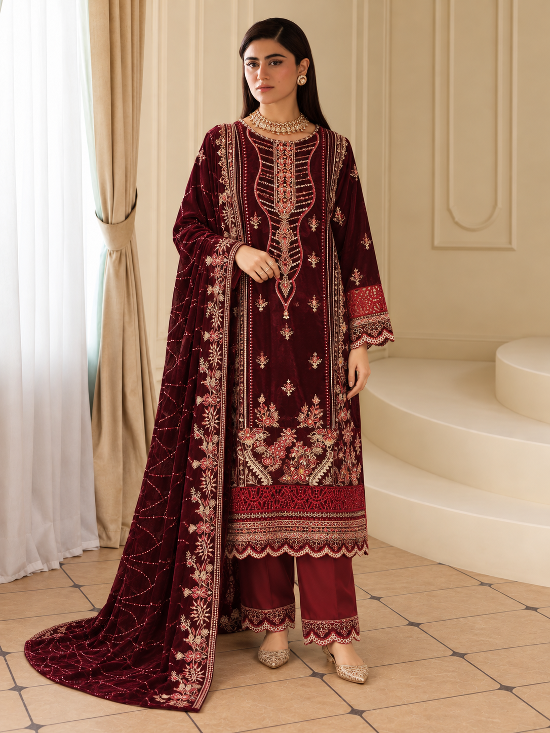 MOMINA Embroidered Velvet Lux 3-Piece Suit - Maroon