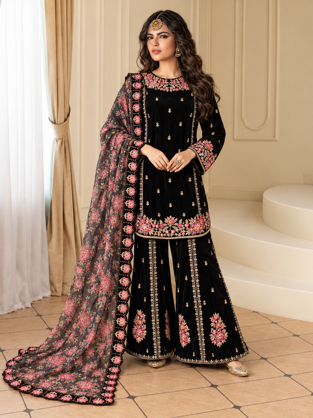 MOMINA Embroidered Velvet Flared Trouser Suit with Printed Dupatta - Black