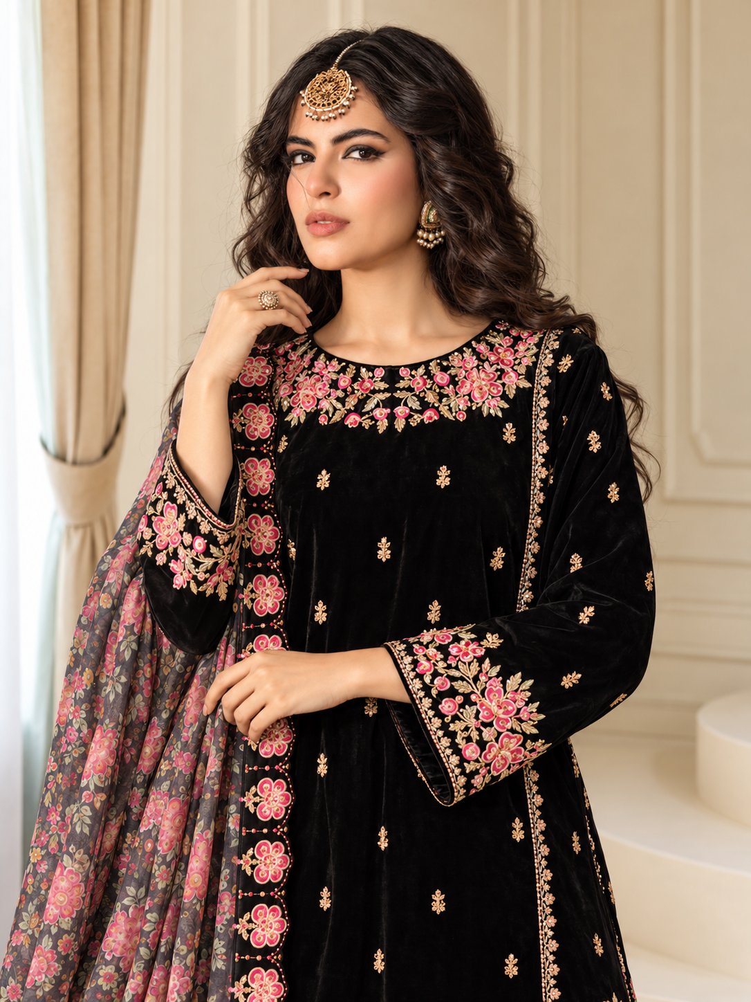 MOMINA Embroidered Velvet Flared Trouser Suit with Printed Dupatta - Black