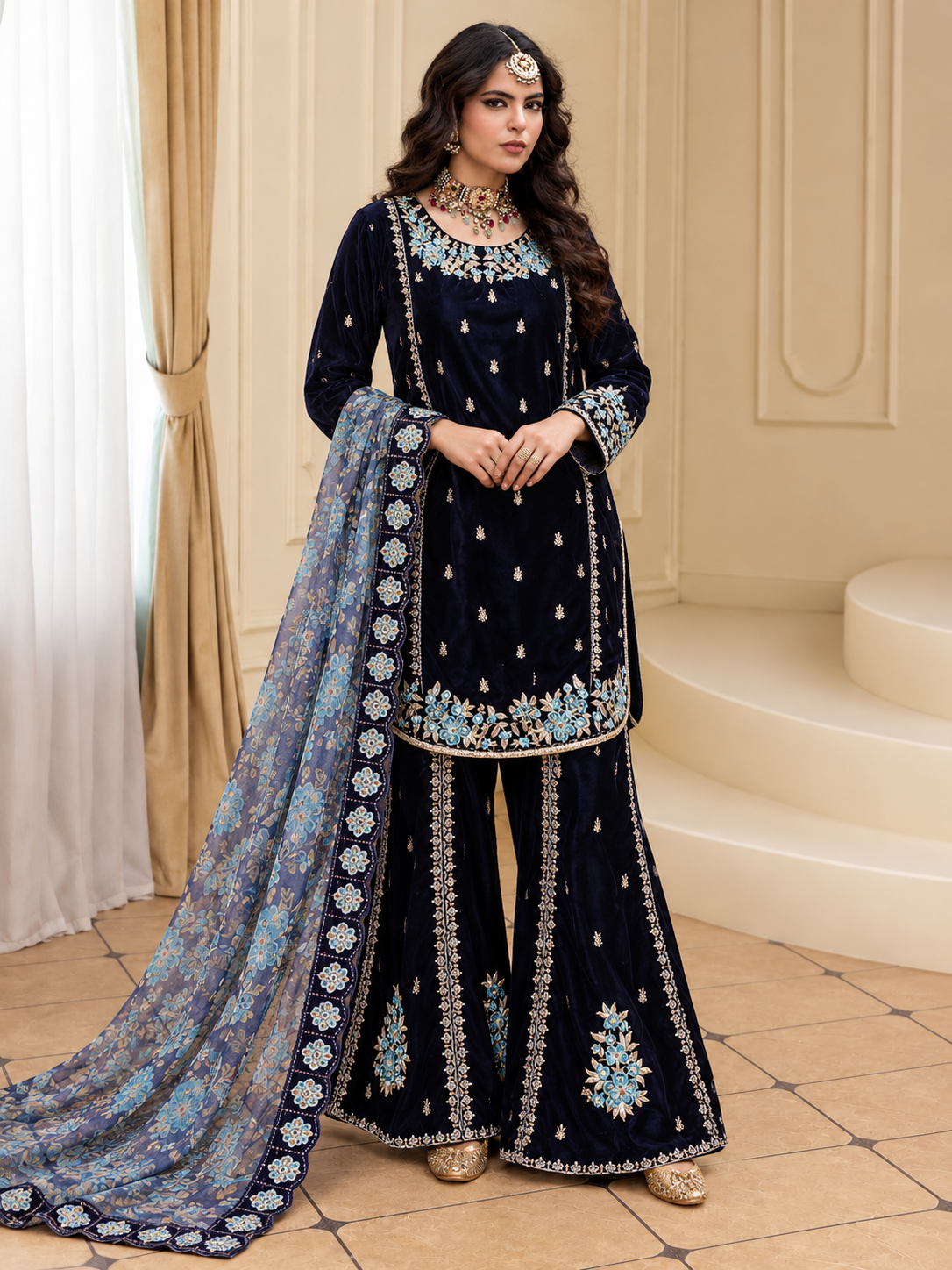 MOMINA Embroidered Velvet Flared Trouser Suit with Printed Dupatta - Deep Blue