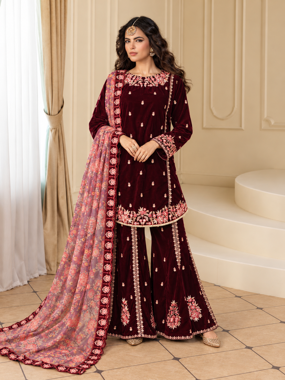 MOMINA Embroidered Velvet Flared Trouser Suit with Printed Dupatta - Maroon