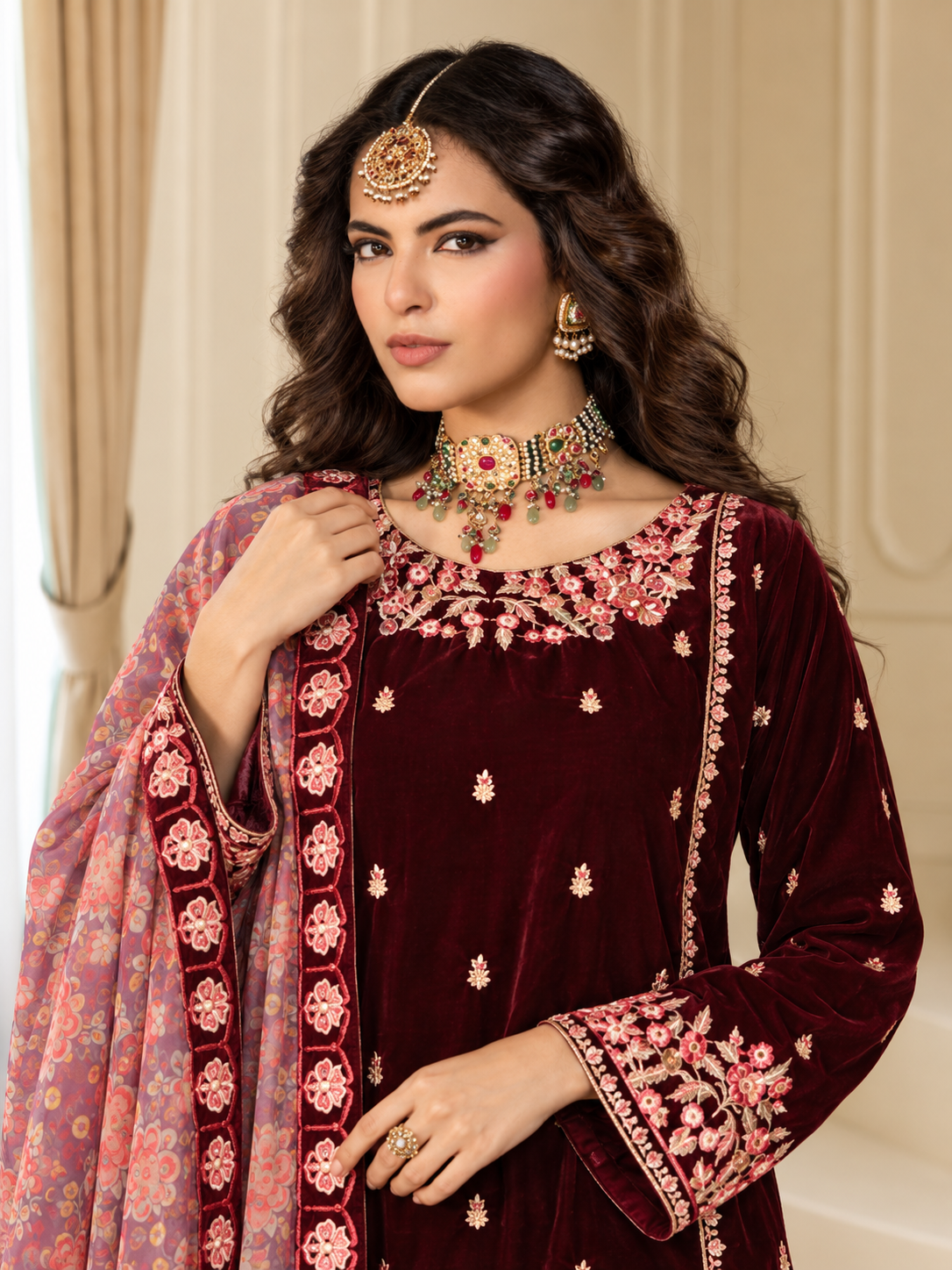 MOMINA Embroidered Velvet Flared Trouser Suit with Printed Dupatta - Maroon