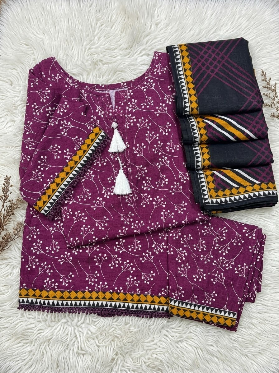 Berry Purple Winter Soft Khaddar Casual 3-Piece Suit