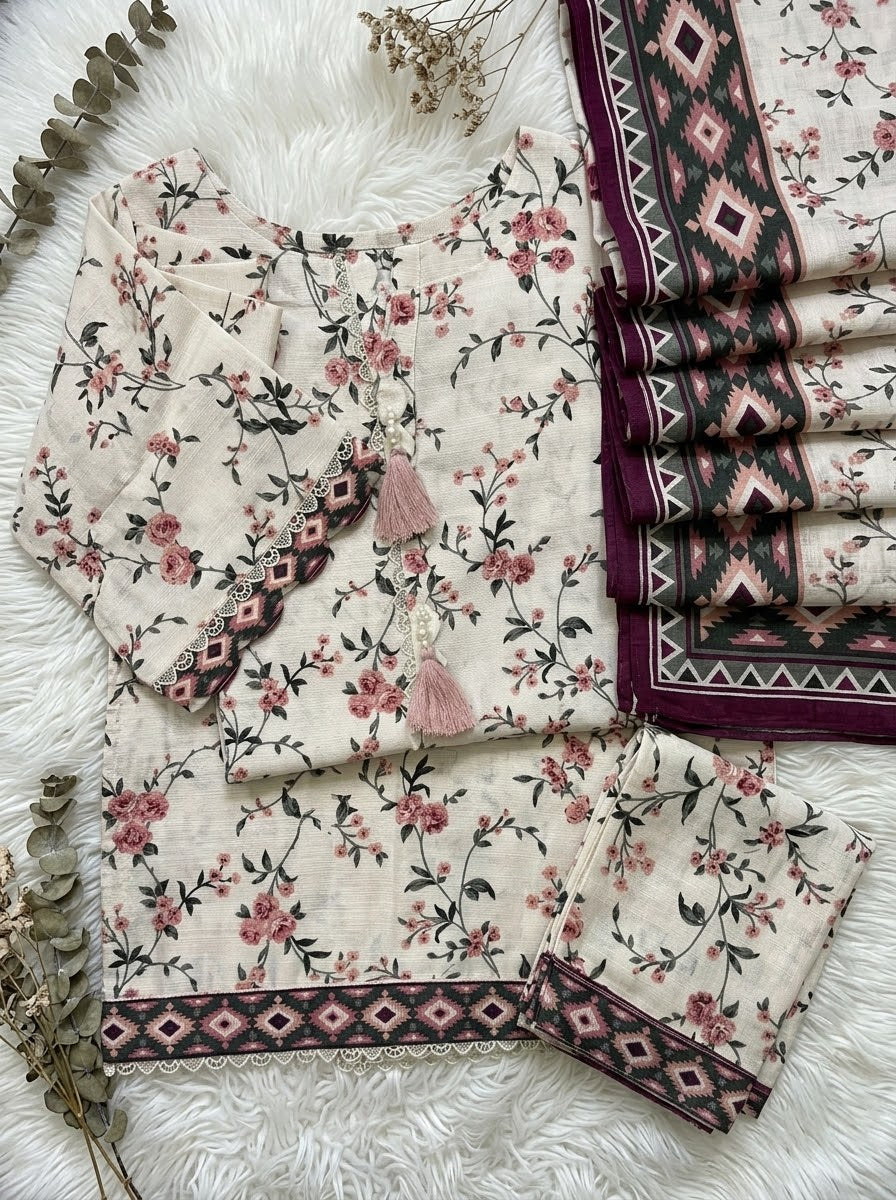 Cream Winter Soft Khaddar Casual 3-Piece Suit