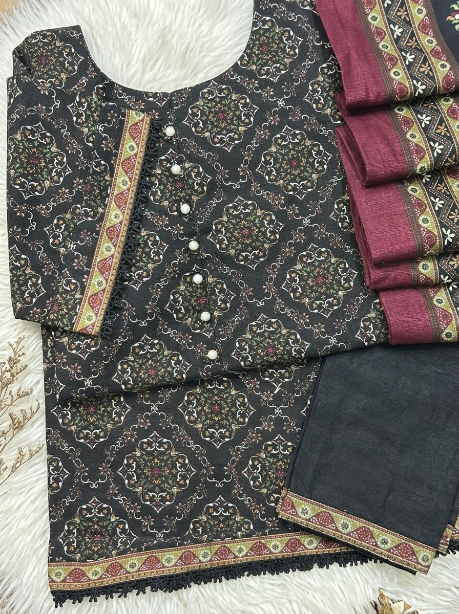 Black Winter Soft Khaddar Casual 3-Piece Suit