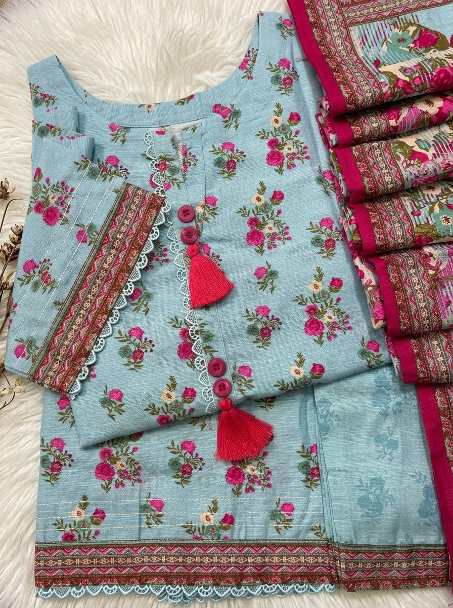 Sky Blue Winter Soft Khaddar Casual 3-Piece Suit