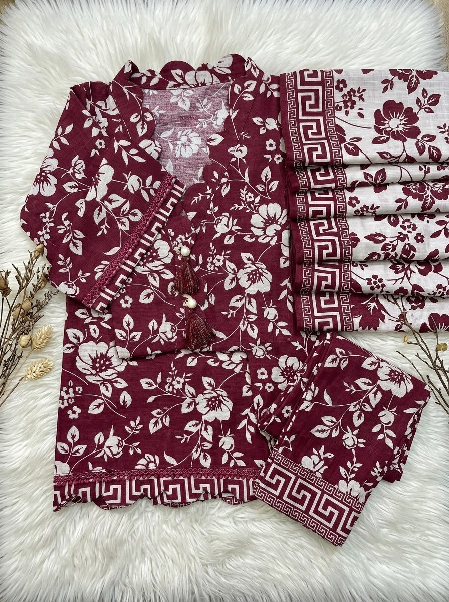 Maroon Winter Soft Khaddar Casual 3-Piece Suit