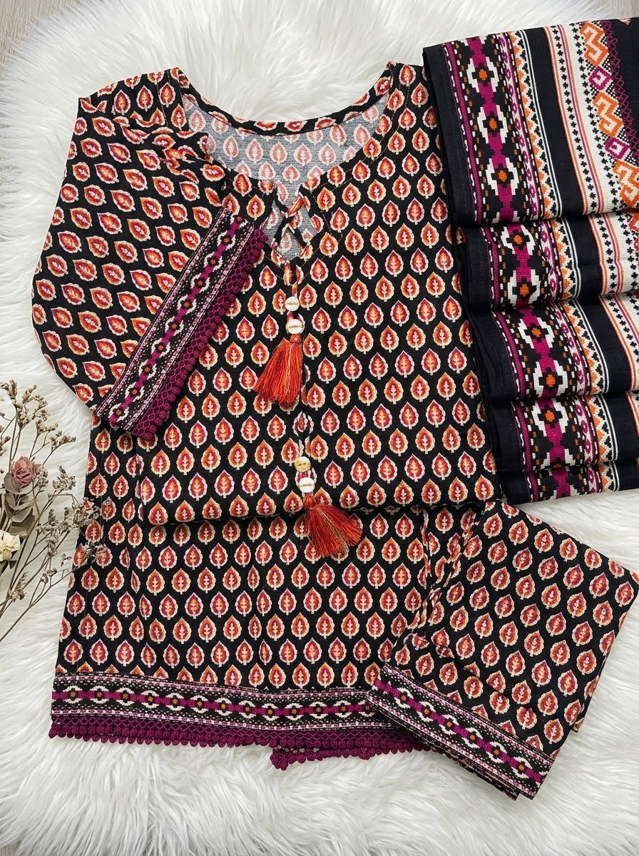 Black & Rust Winter Soft Khaddar Casual 3-Piece Suit