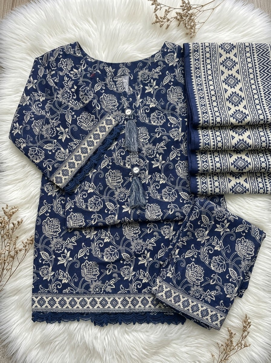 Navy Blue Winter Soft Khaddar Casual 3-Piece Suit