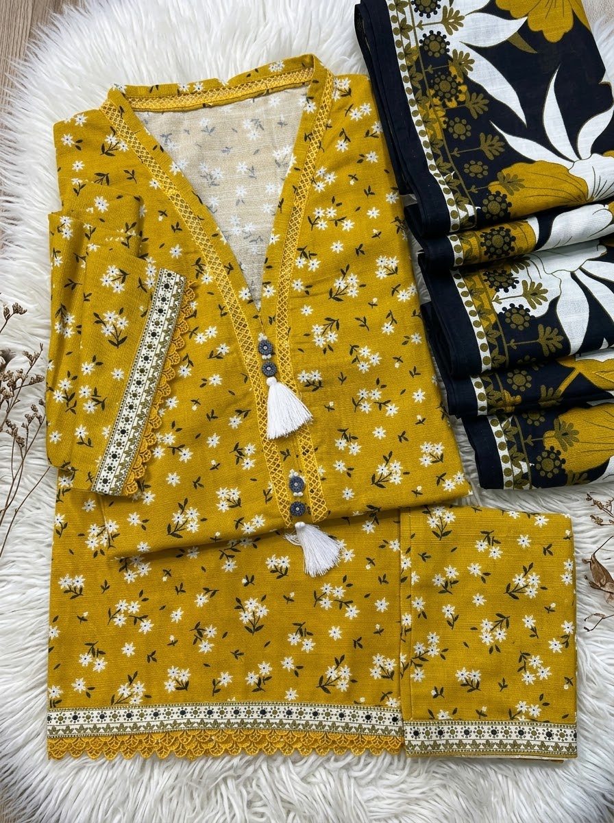 Mustard Winter Soft Khaddar Casual 3-Piece Suit