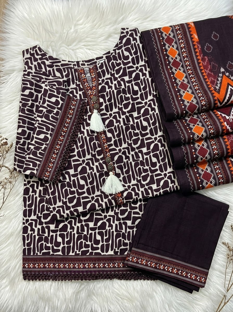 Plum Winter Soft Khaddar Casual 3-Piece Suit
