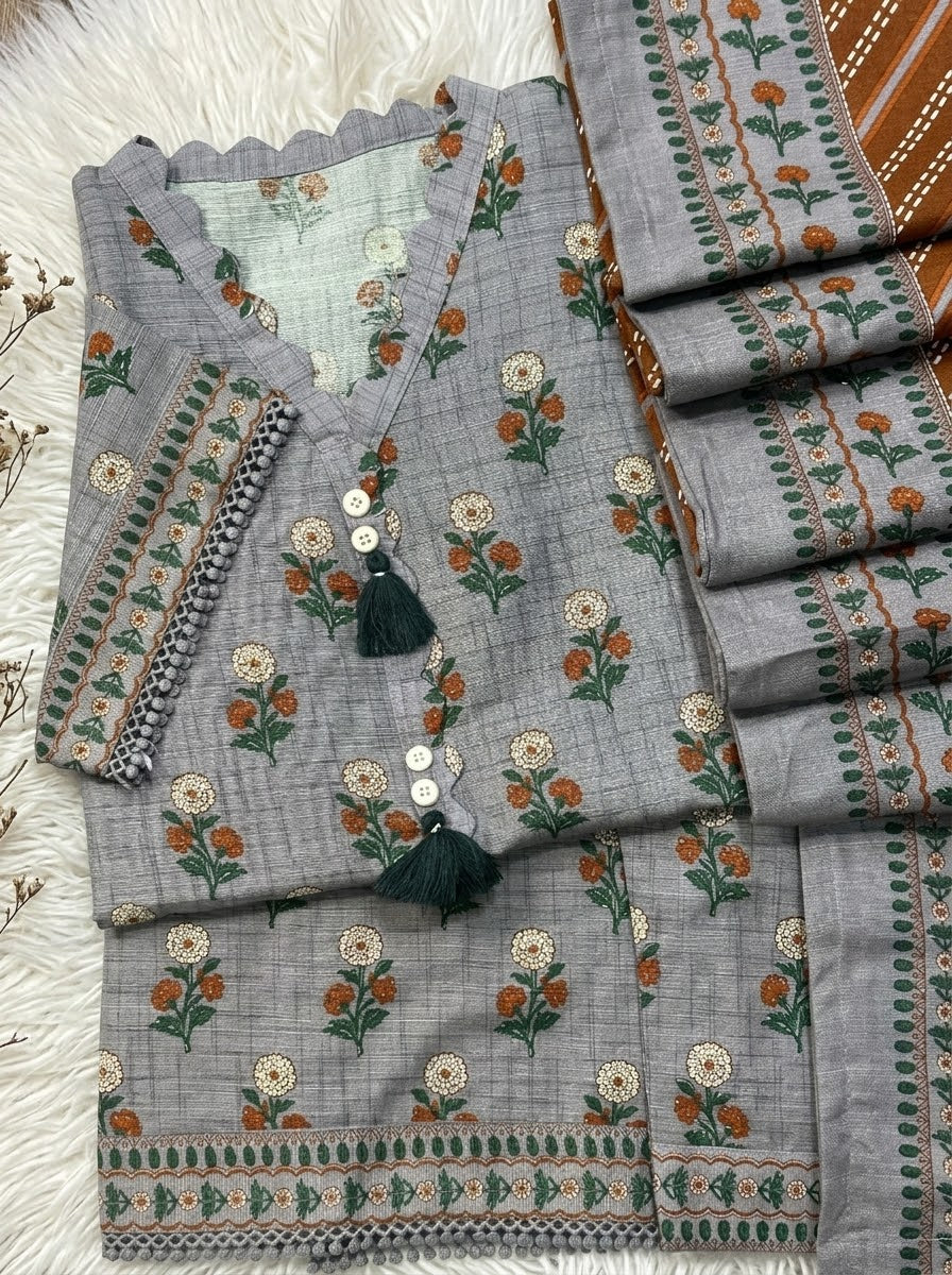 Grey Winter Soft Khaddar Casual 3-Piece Suit