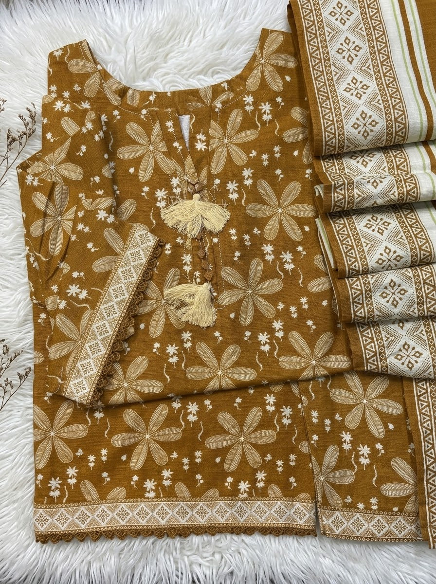 Caramel Brown Winter Soft Khaddar Casual 3-Piece Suit