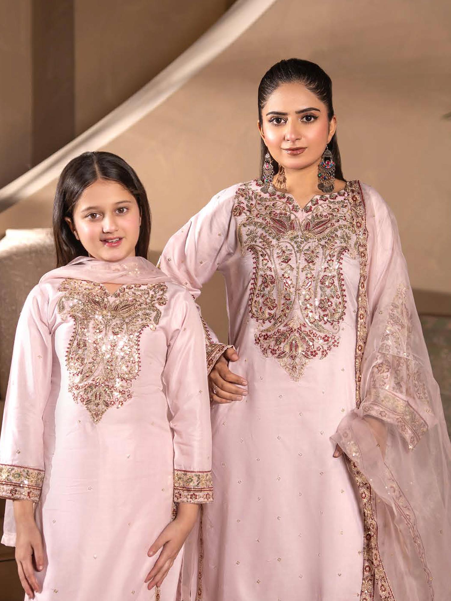 Rangz Mother-Daughter Linen Embroidered Suit - Pink