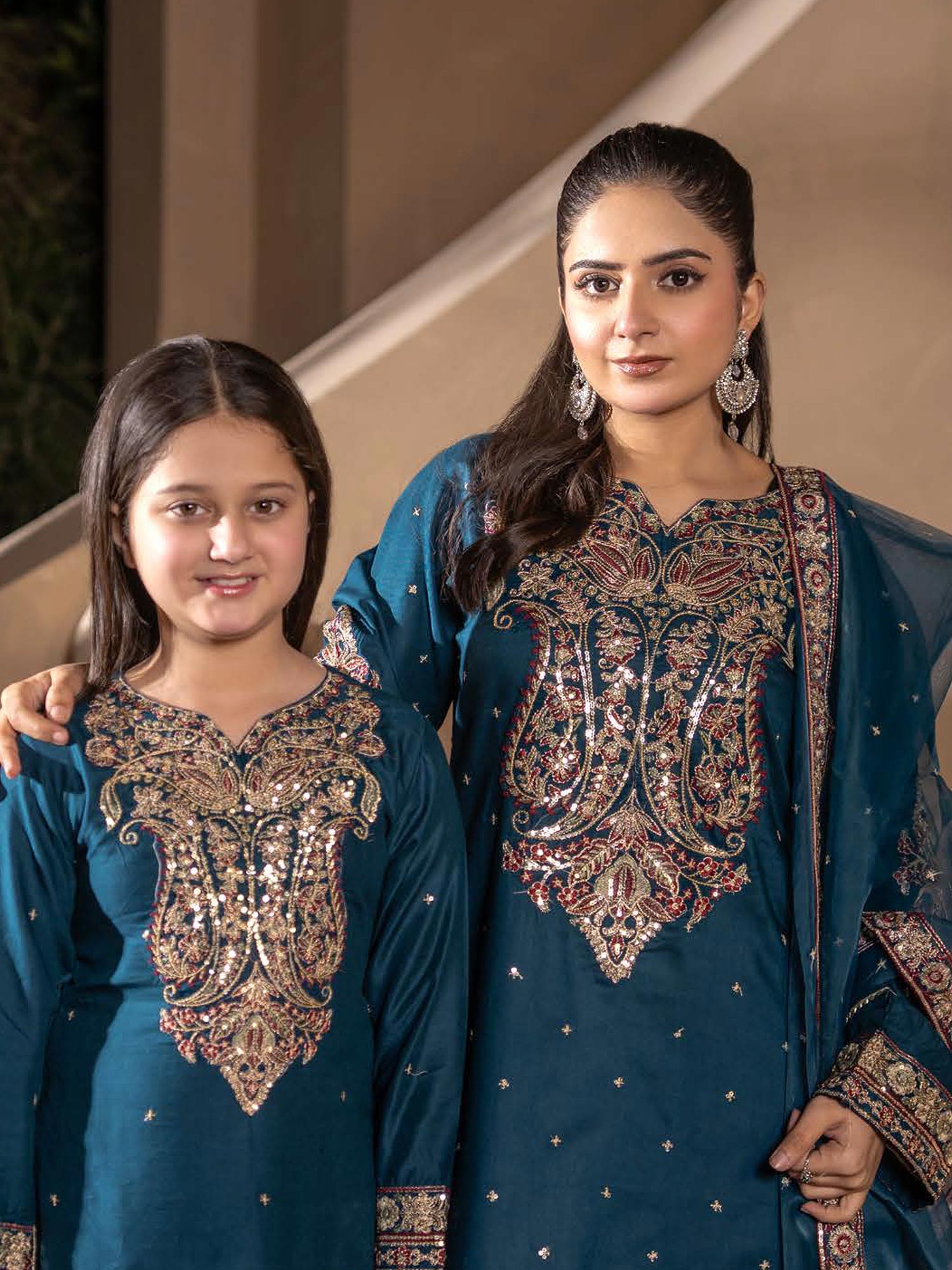 Rangz Mother-Daughter Linen Embroidered Suit - Teal