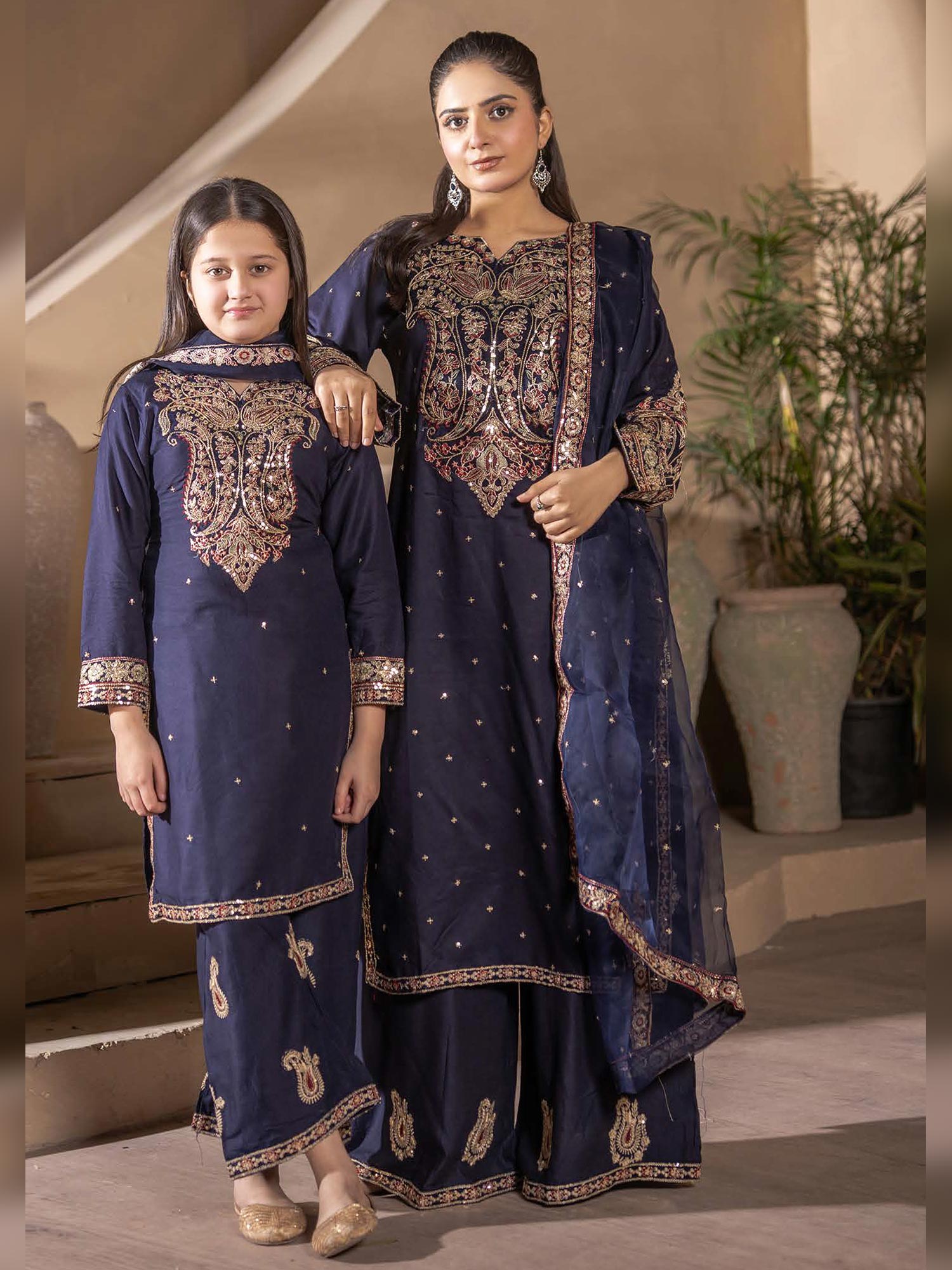 Rangz Mother-Daughter Linen Embroidered Suit - Navy