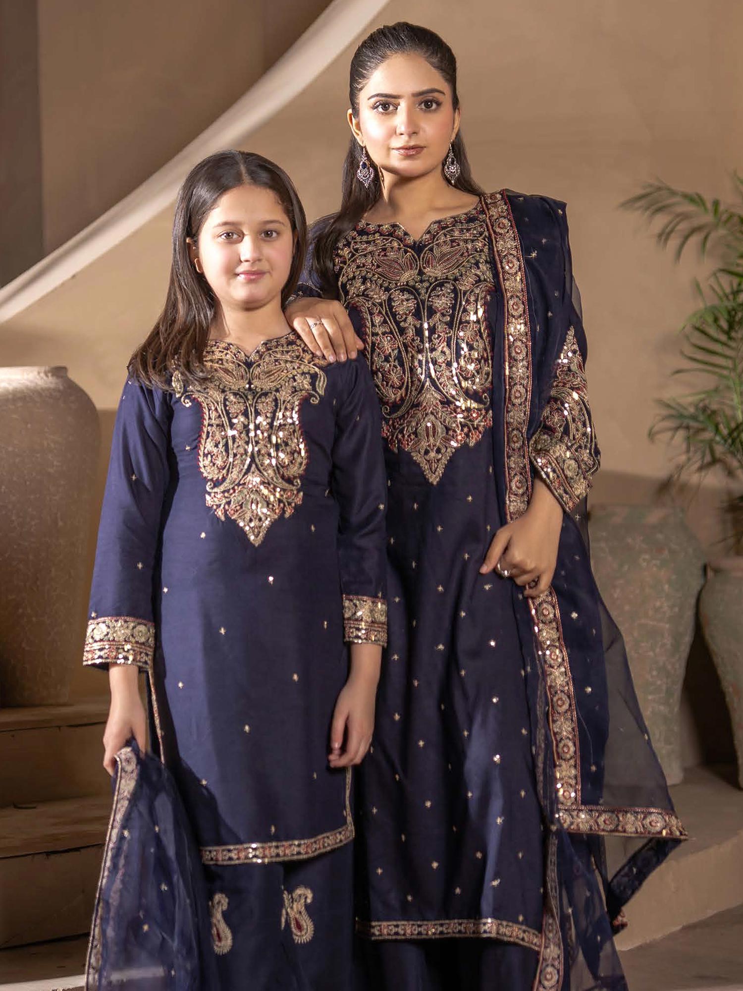Rangz Mother-Daughter Linen Embroidered Suit - Navy