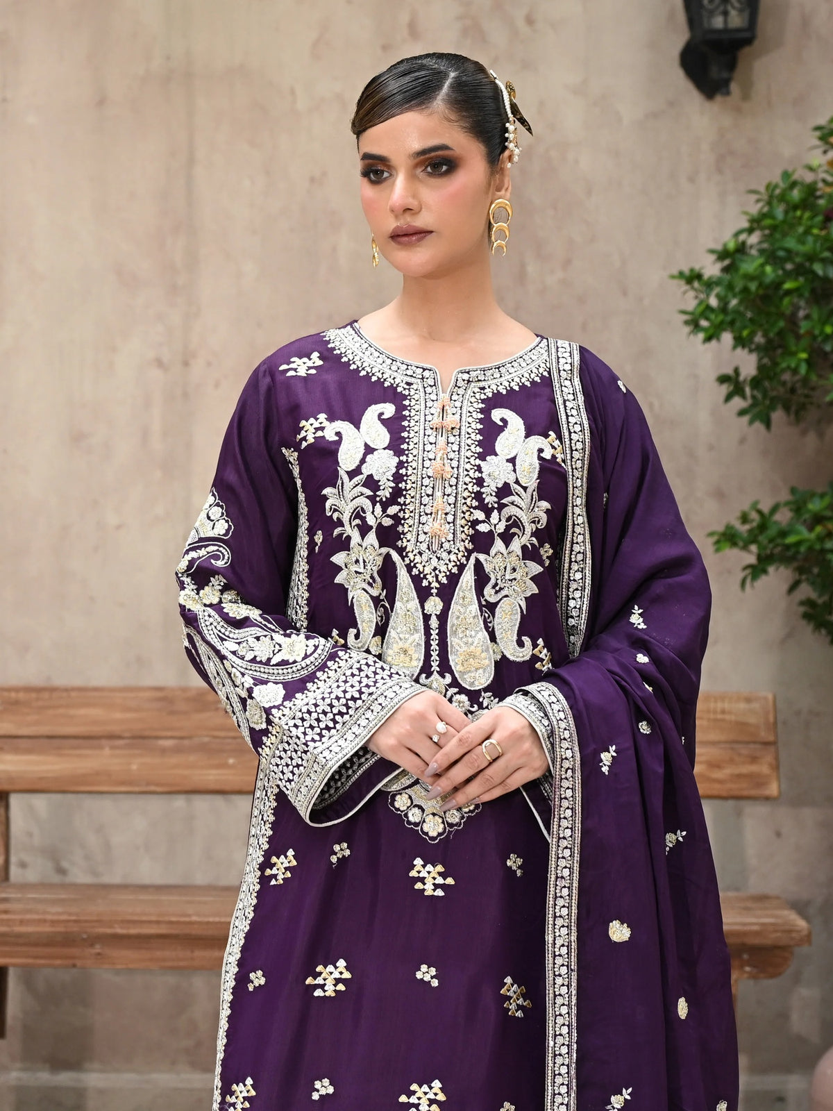Plum Embroidered Raw Silk 3-Piece Suit (D04)
