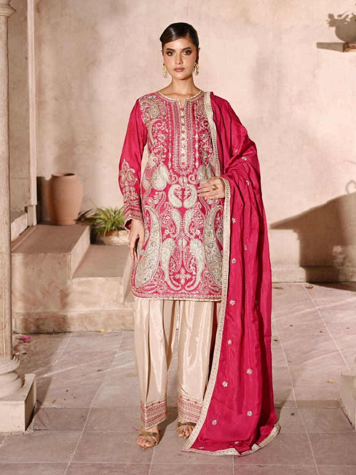 Pink Embroidered Raw Silk 3-Piece Suit (D06)