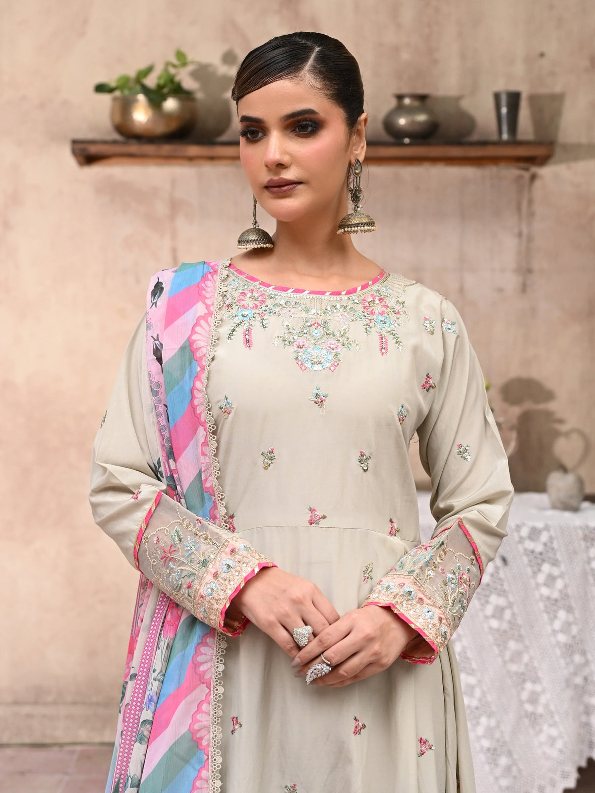 Ivory Embroidered Raw Silk 3-Piece Suit (D05)