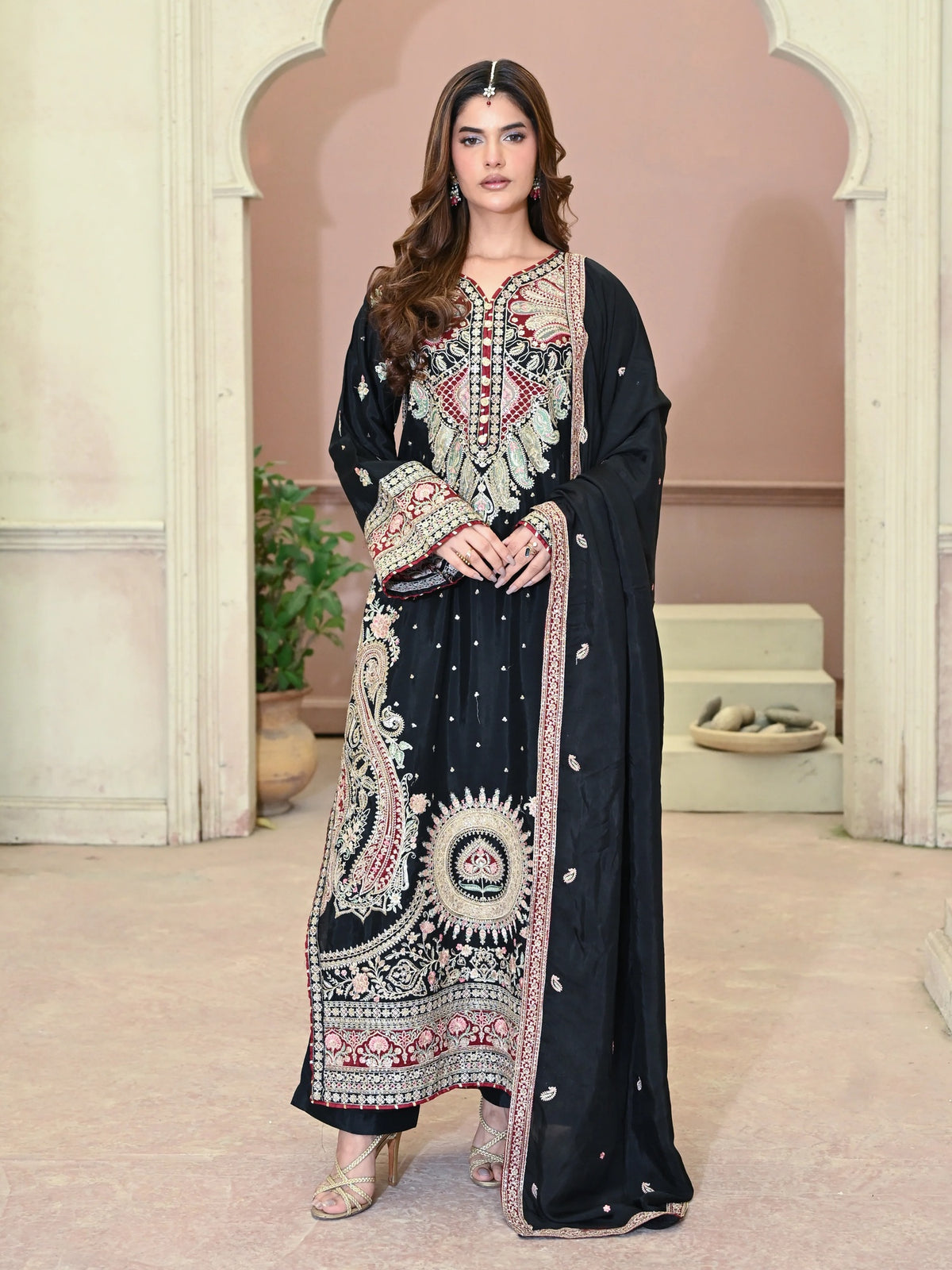 Black Embroidered Raw Silk 3-Piece Suit (D07)