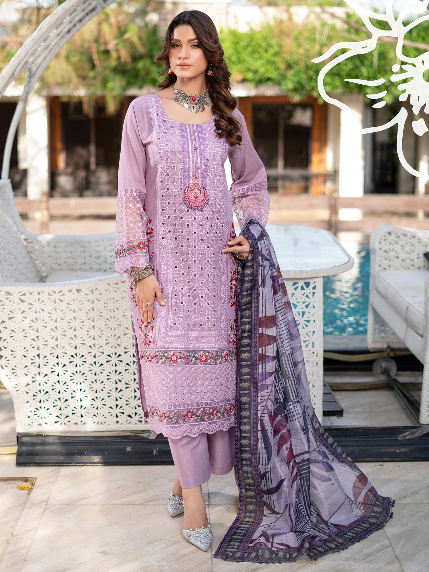 Munira Embroidered Lux Cotton Suit (MSL-01) - Lavender