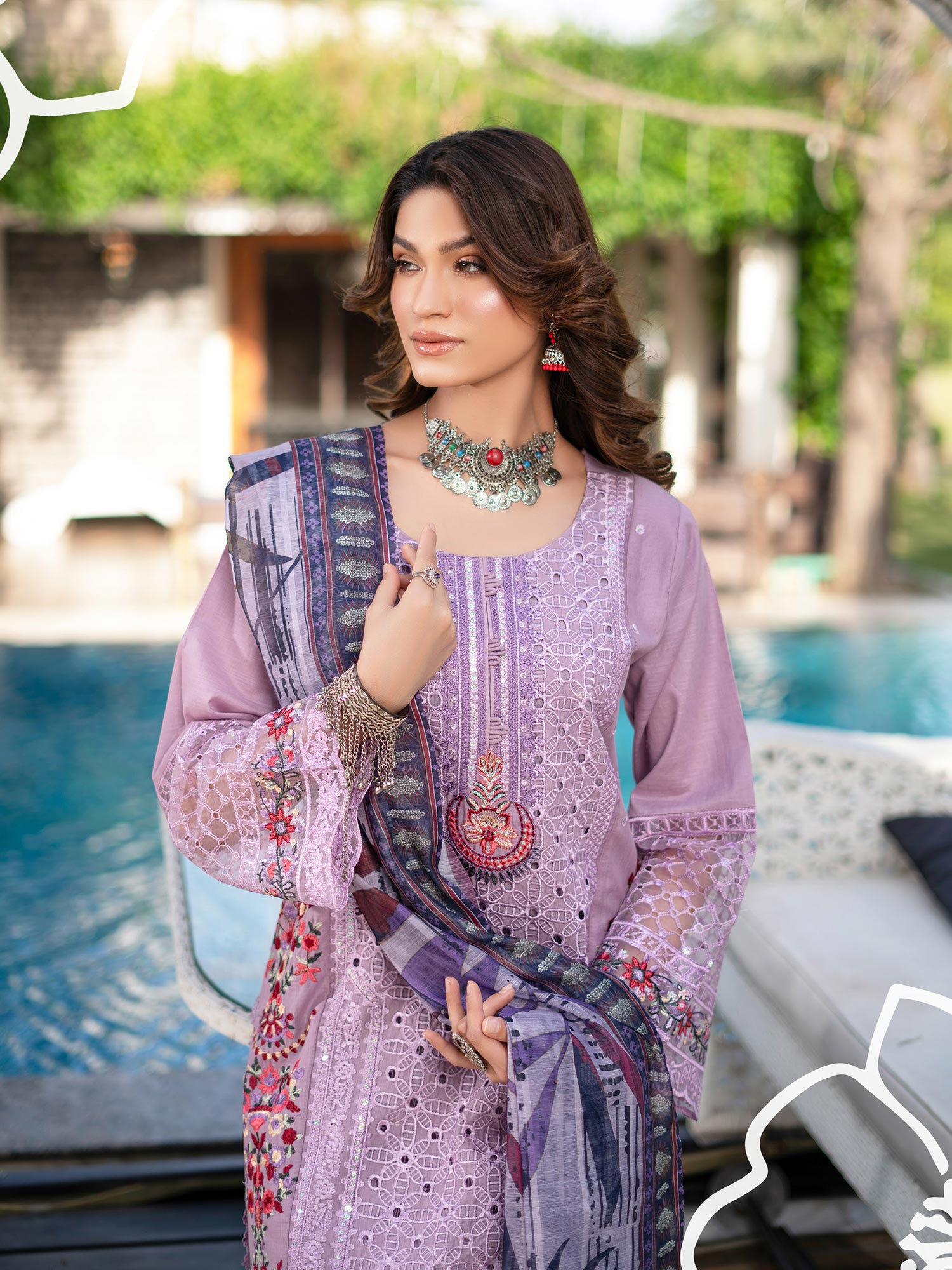 Munira Embroidered Lux Cotton Suit (MSL-01) - Lavender